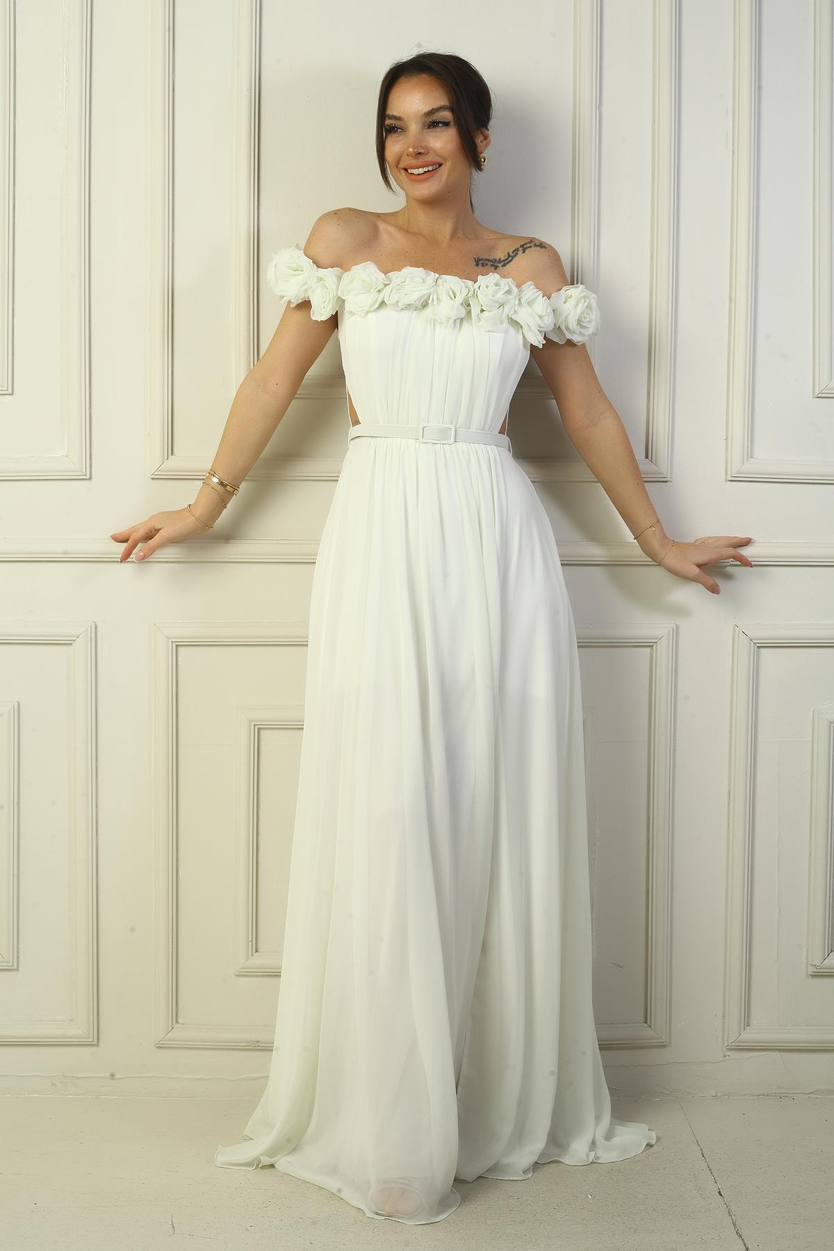 S-24Y1650022Kadın Yakası Lazer Kesim Çiçek Astarlı Beli Kemerli Uzun Şifon Elbise