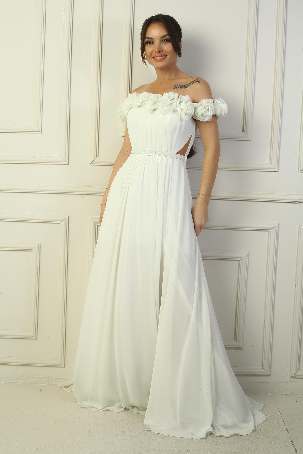 S-24Y1650022Kadın Yakası Lazer Kesim Çiçek Astarlı Beli Kemerli Uzun Şifon Elbise