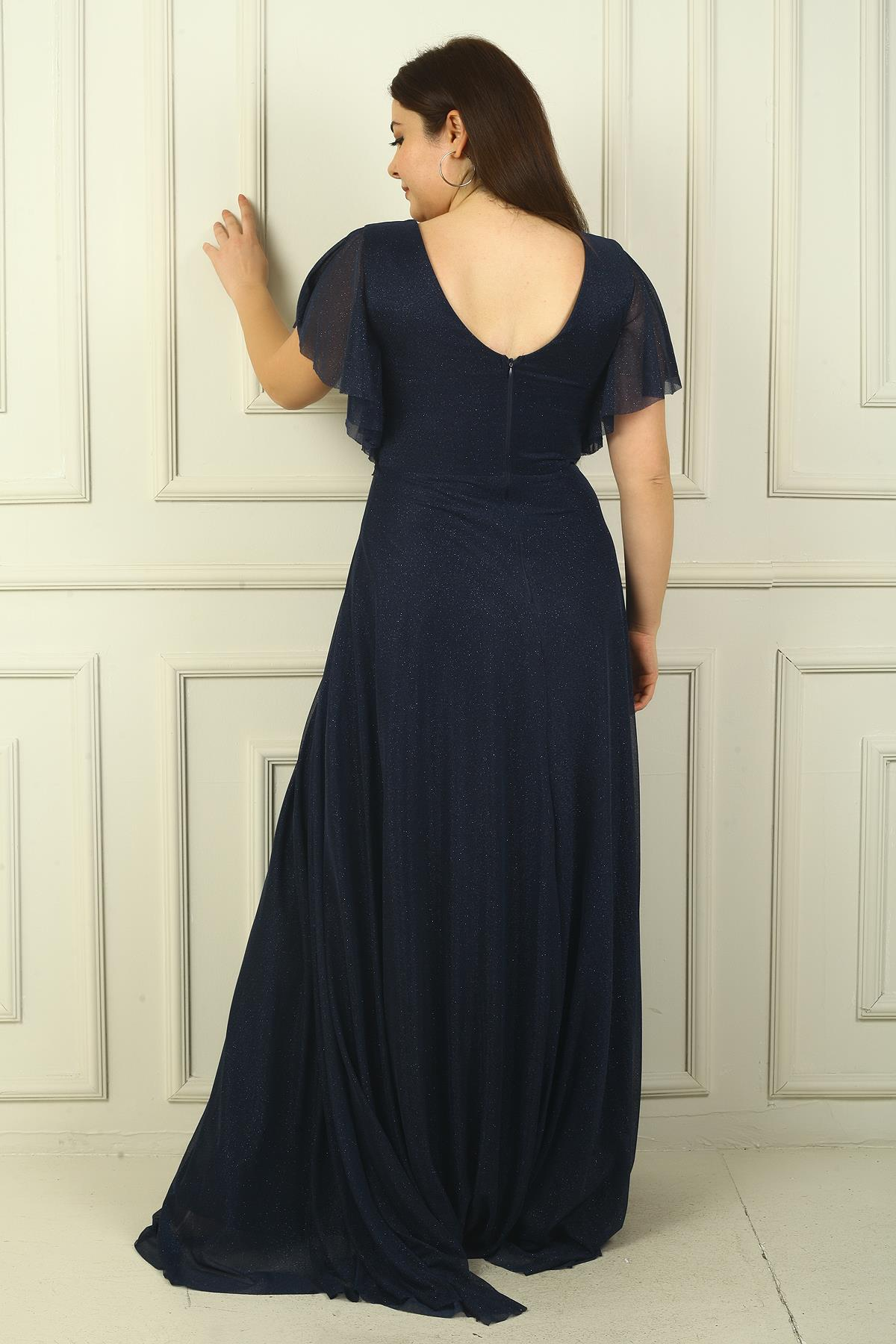 S-24Y1650023Kadın Ön Arka V Yaka Beli Taş İşlemeli Astarlı Simli Büyük Beden Abiye Elbise