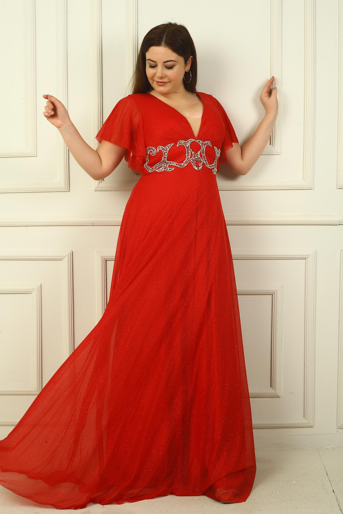 S-24Y1650023Kadın Ön Arka V Yaka Beli Taş İşlemeli Astarlı Simli Büyük Beden Abiye Elbise