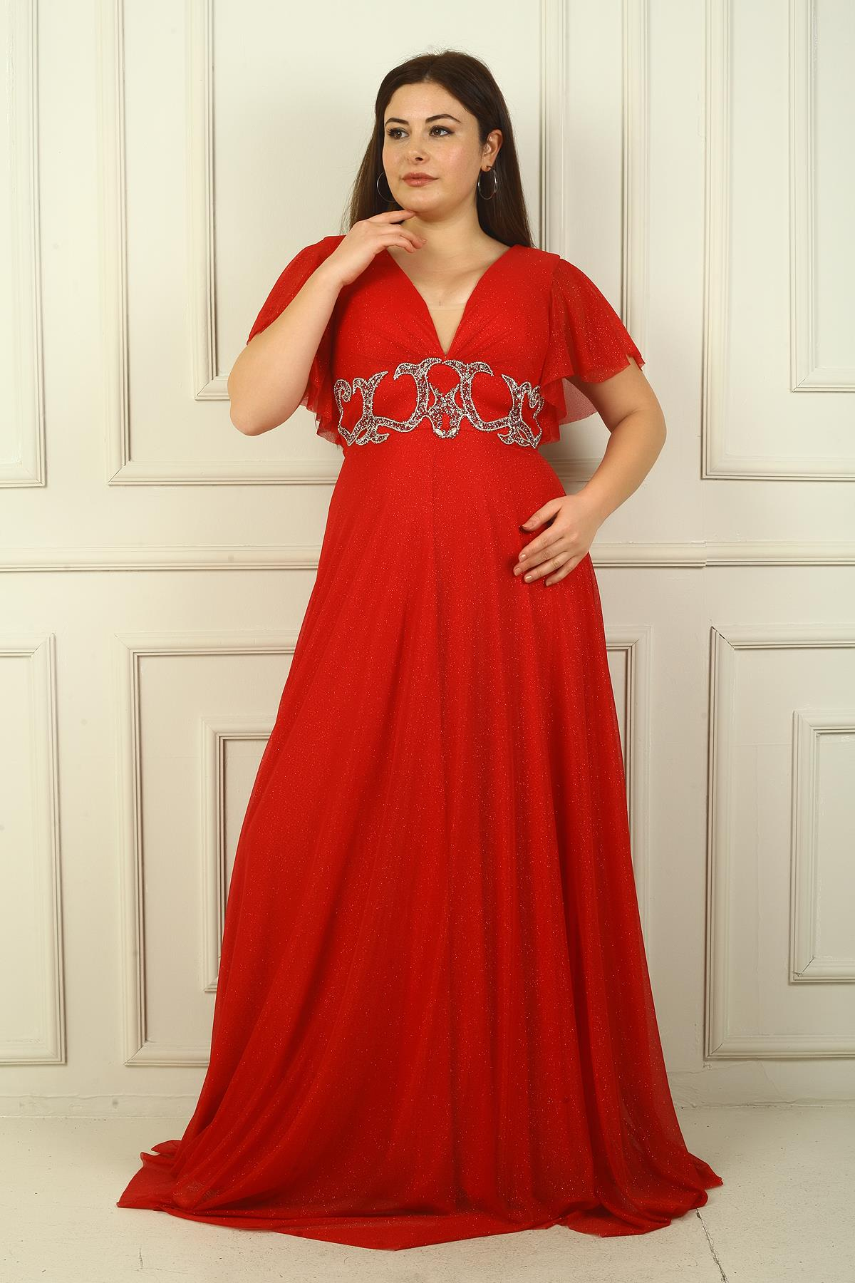 S-24Y1650023Kadın Ön Arka V Yaka Beli Taş İşlemeli Astarlı Simli Büyük Beden Abiye Elbise