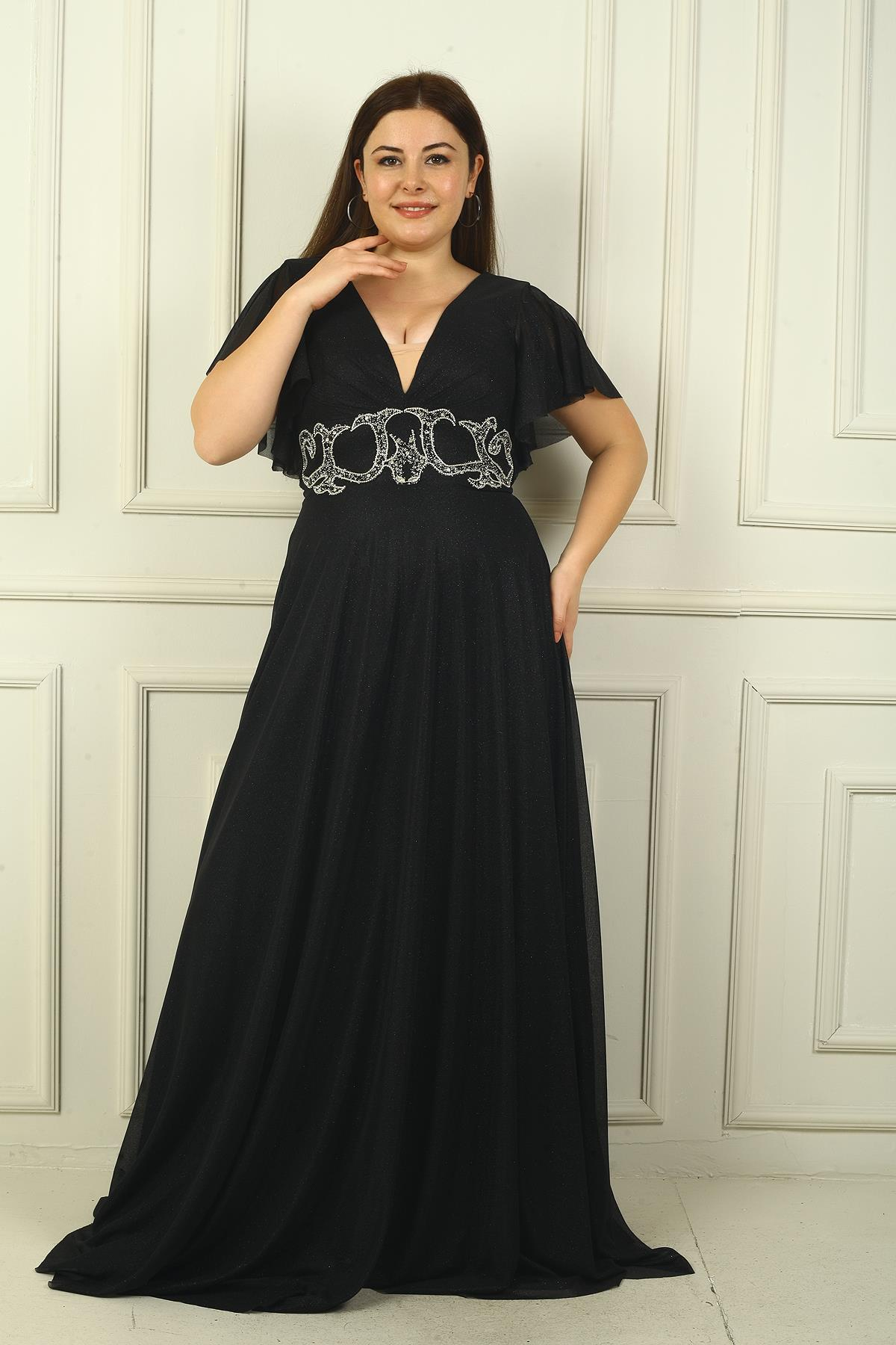 S-24Y1650023Kadın Ön Arka V Yaka Beli Taş İşlemeli Astarlı Simli Büyük Beden Abiye Elbise