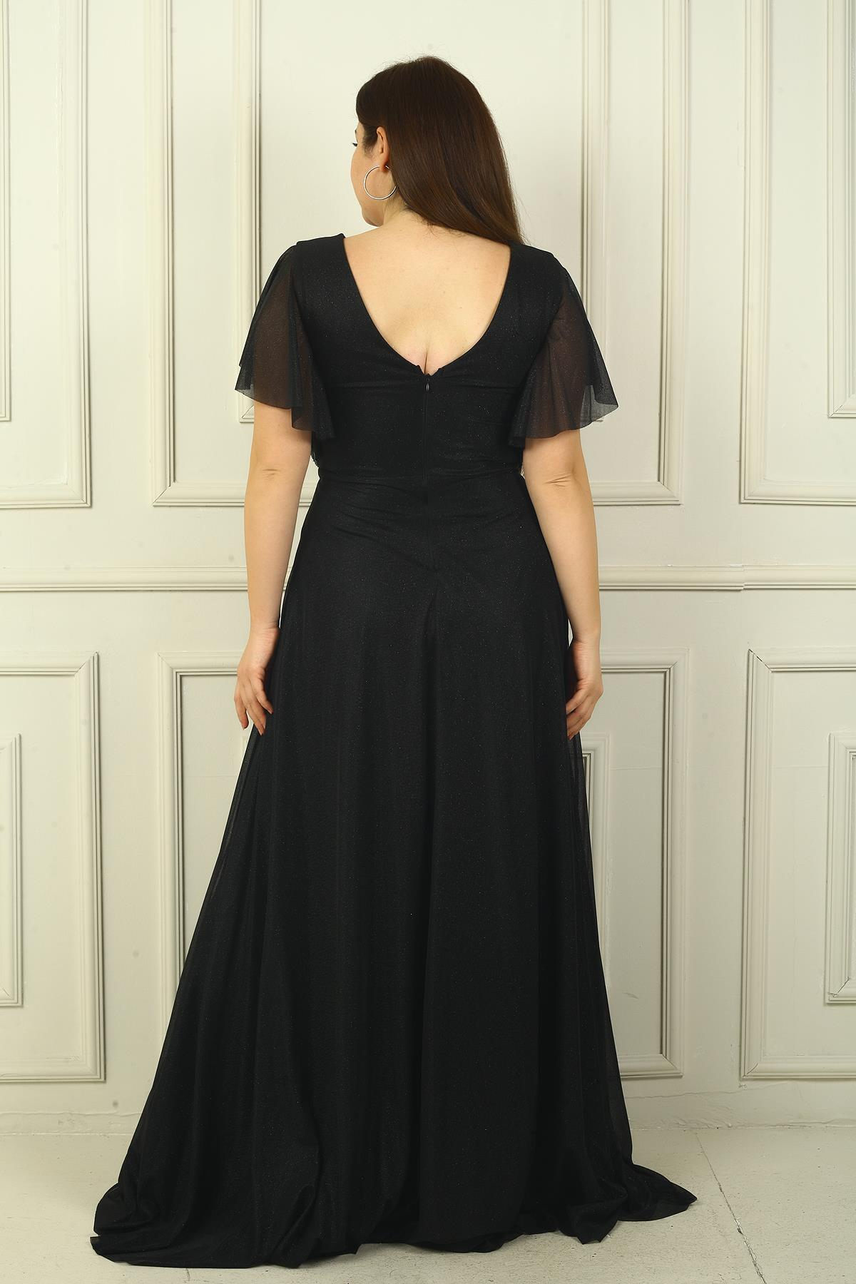 S-24Y1650023Kadın Ön Arka V Yaka Beli Taş İşlemeli Astarlı Simli Büyük Beden Abiye Elbise