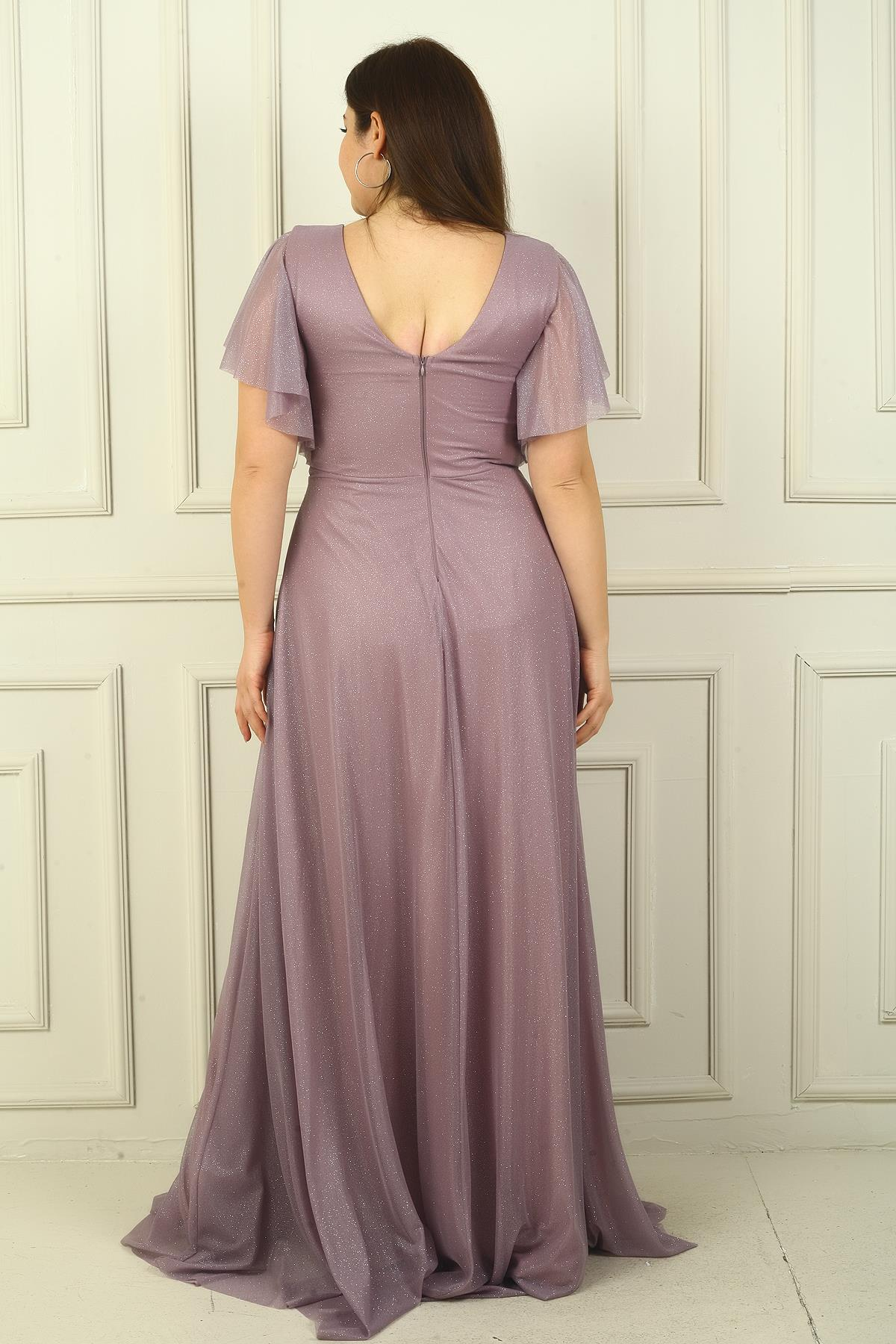 S-24Y1650023Kadın Ön Arka V Yaka Beli Taş İşlemeli Astarlı Simli Büyük Beden Abiye Elbise