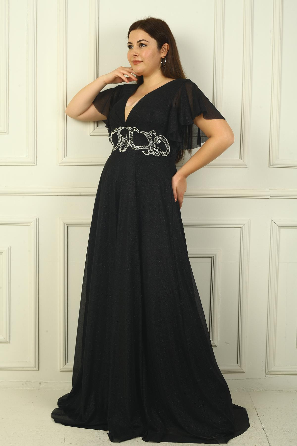 S-24Y1650023Kadın Ön Arka V Yaka Beli Taş İşlemeli Astarlı Simli Büyük Beden Abiye Elbise