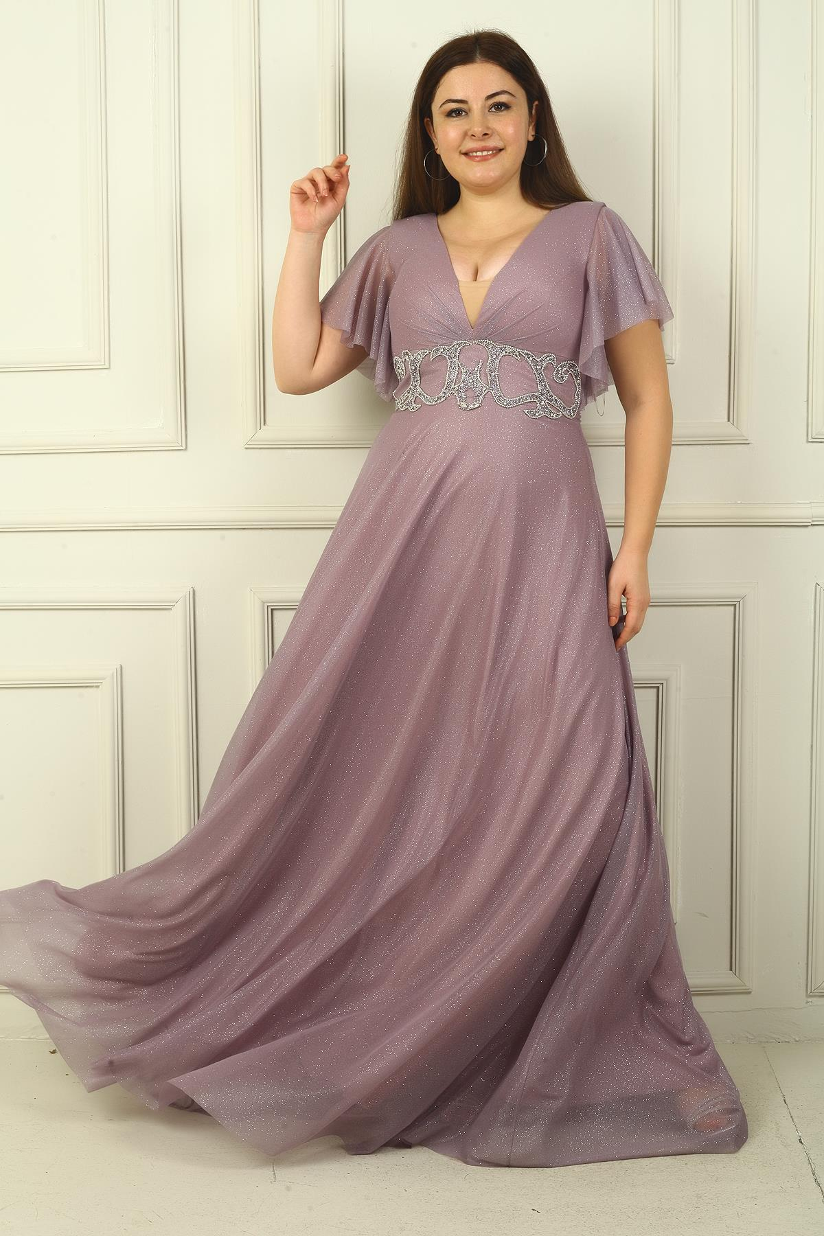 S-24Y1650023Kadın Ön Arka V Yaka Beli Taş İşlemeli Astarlı Simli Büyük Beden Abiye Elbise