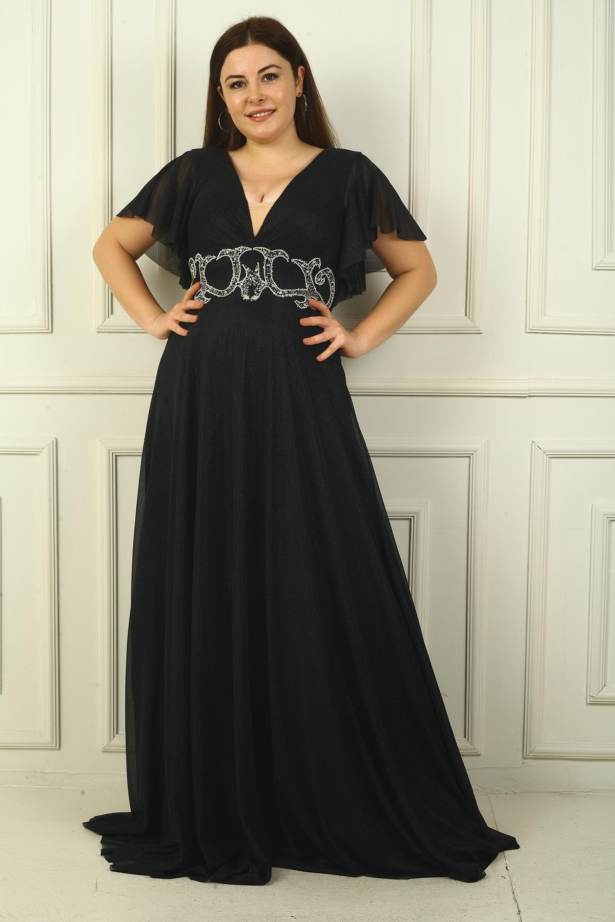 S-24Y1650023Kadın Ön Arka V Yaka Beli Taş İşlemeli Astarlı Simli Büyük Beden Abiye Elbise