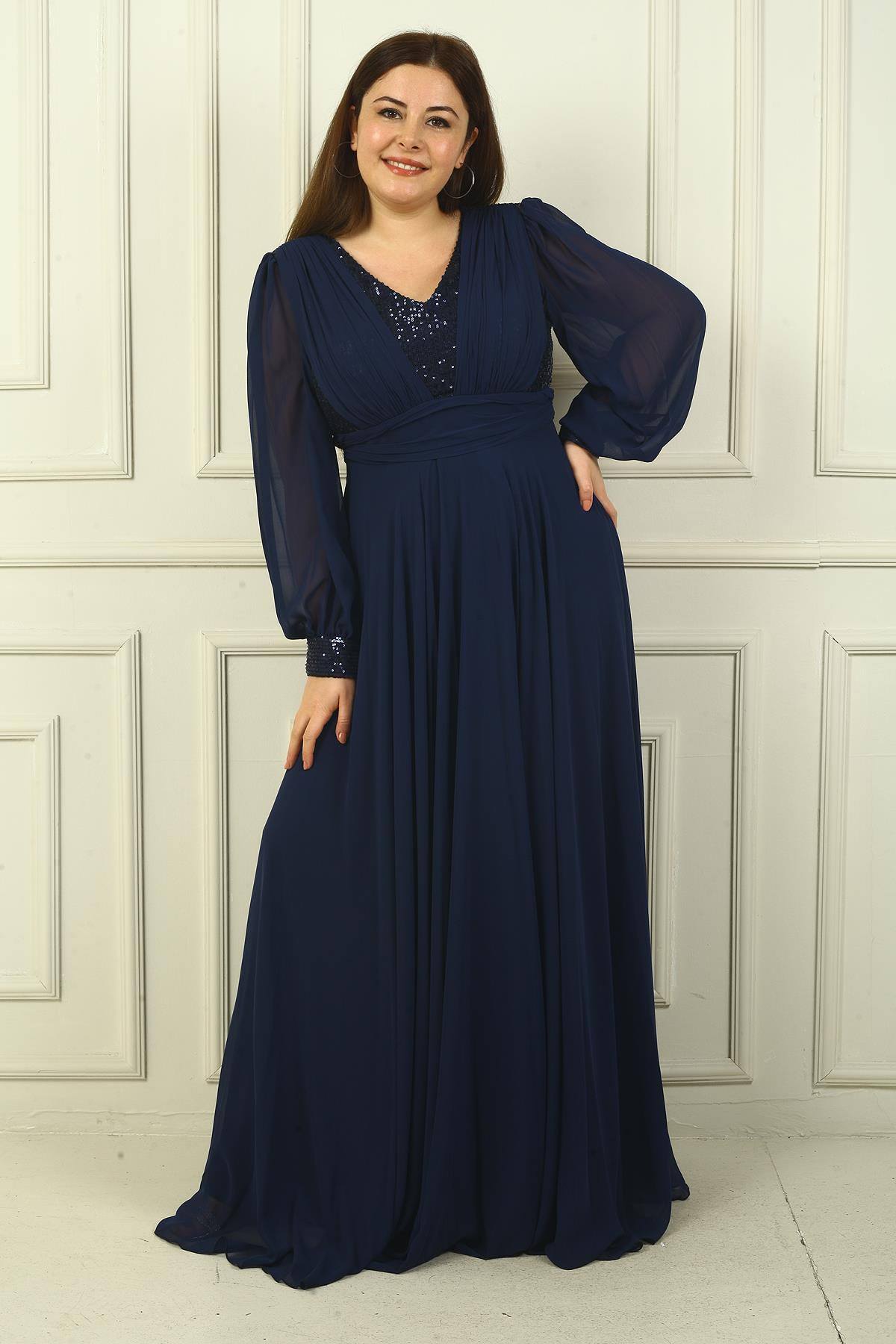 S-24Y1650024Kadın Ön Arka V Yaka Üstü Pulpayet Astarlı Büyük Beden Uzun Şifon Abiye Elbise