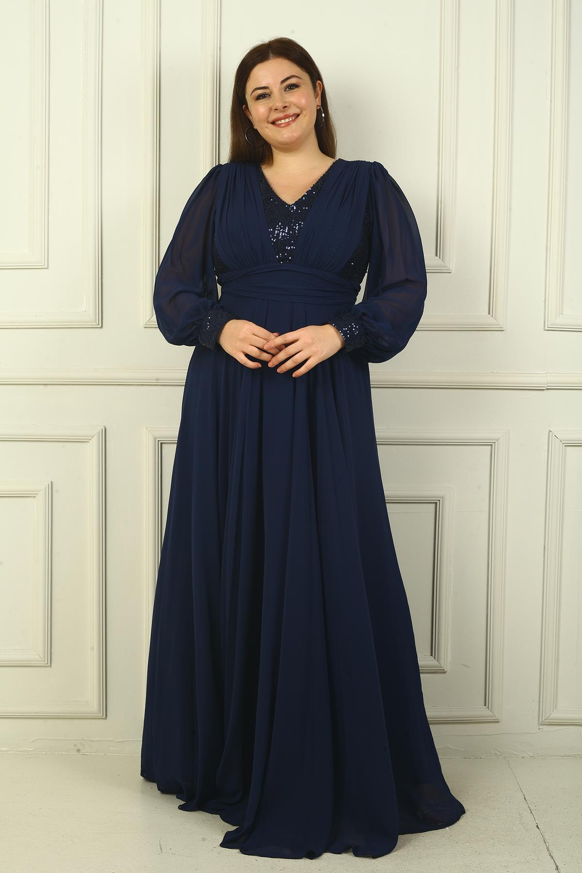 S-24Y1650024Kadın Ön Arka V Yaka Üstü Pulpayet Astarlı Büyük Beden Uzun Şifon Abiye Elbise