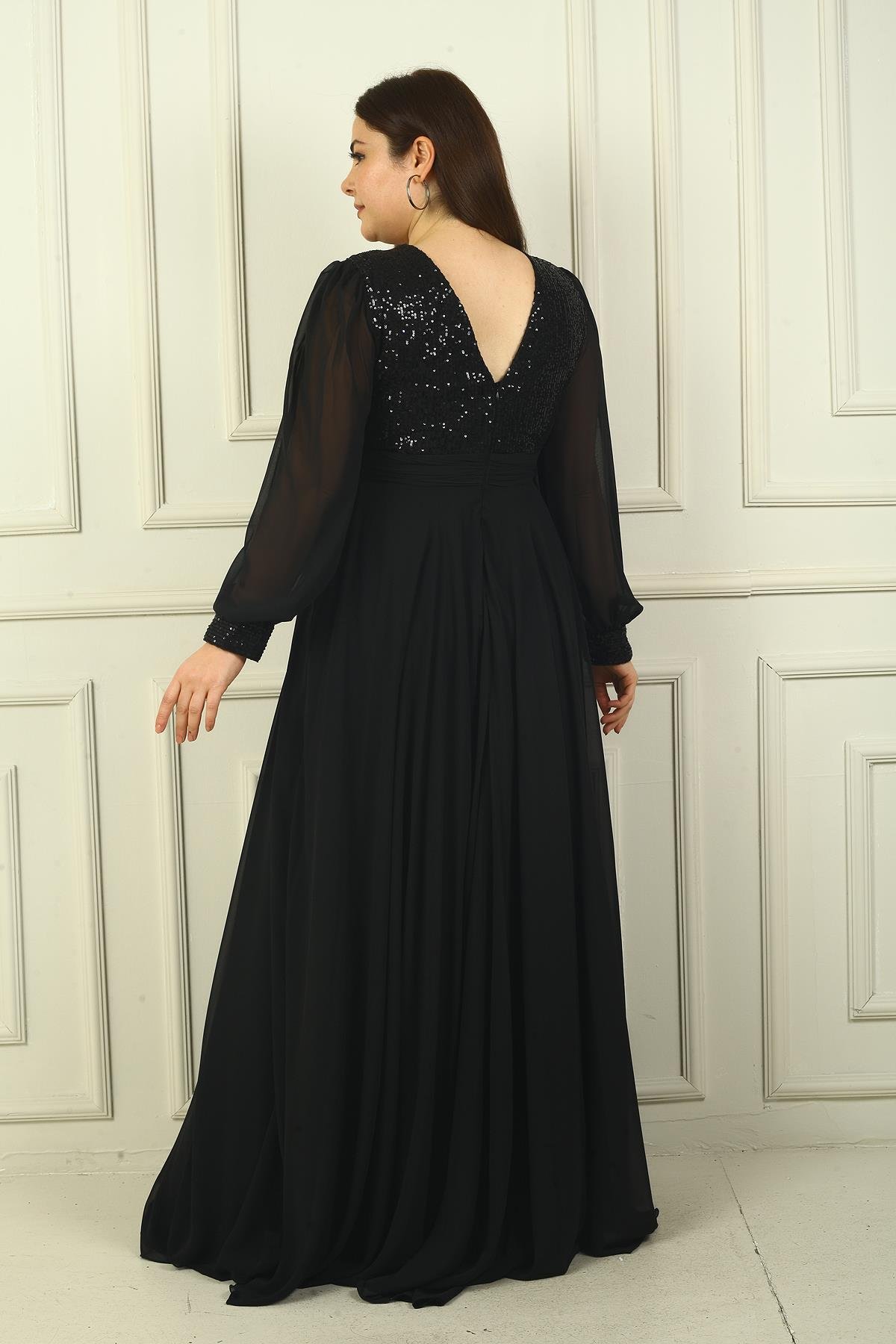 S-24Y1650024Kadın Ön Arka V Yaka Üstü Pulpayet Astarlı Büyük Beden Uzun Şifon Abiye Elbise