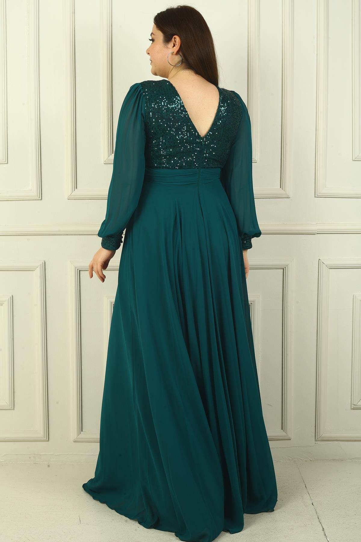 S-24Y1650024Kadın Ön Arka V Yaka Üstü Pulpayet Astarlı Büyük Beden Uzun Şifon Abiye Elbise