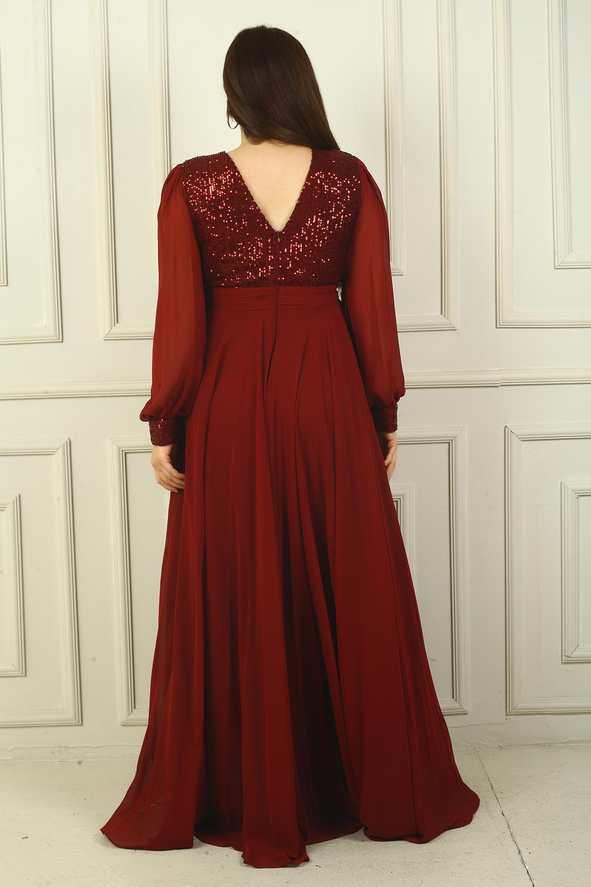 S-24Y1650024Kadın Ön Arka V Yaka Üstü Pulpayet Astarlı Büyük Beden Uzun Şifon Abiye Elbise