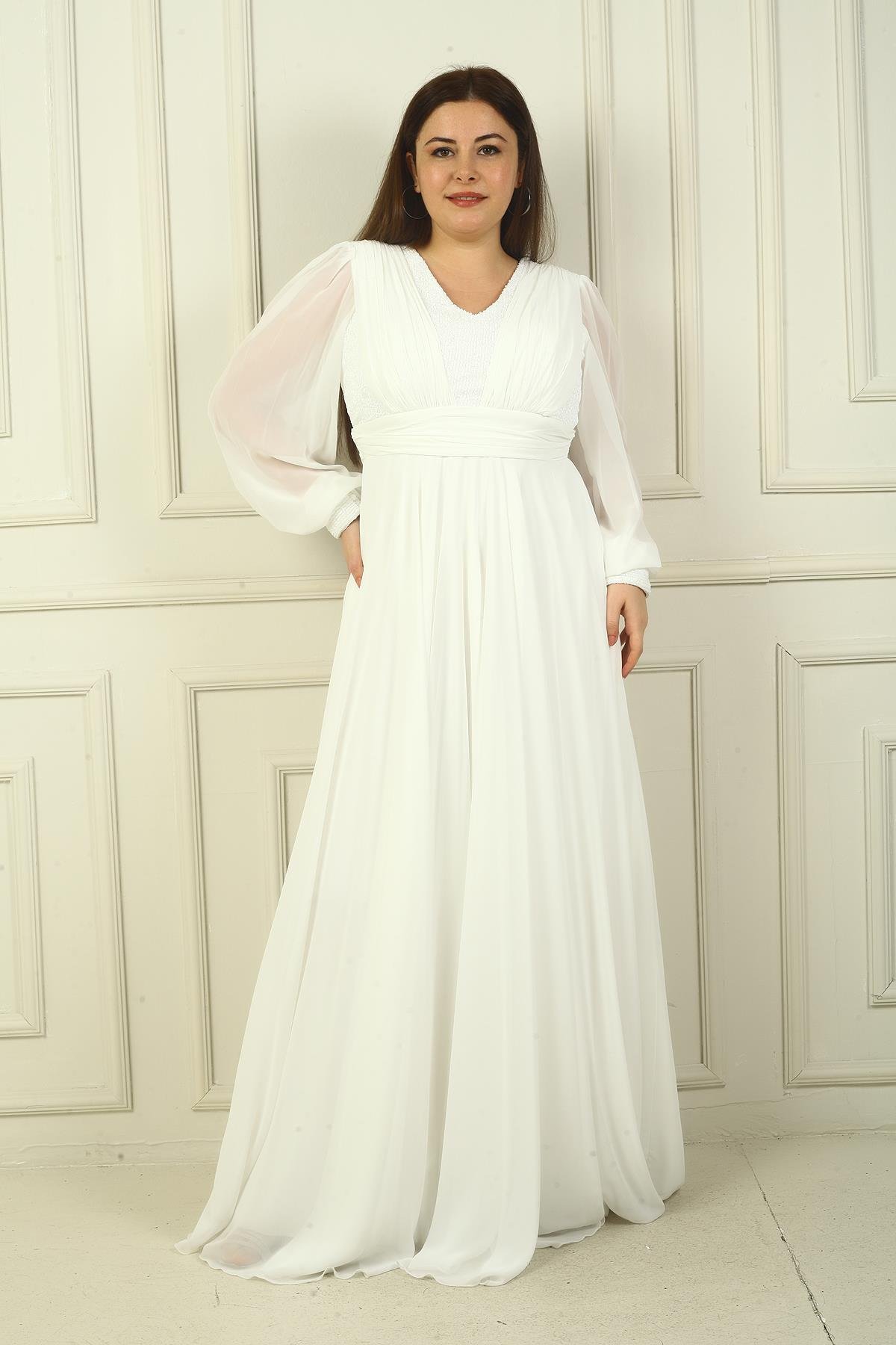 S-24Y1650024Kadın Ön Arka V Yaka Üstü Pulpayet Astarlı Büyük Beden Uzun Şifon Abiye Elbise