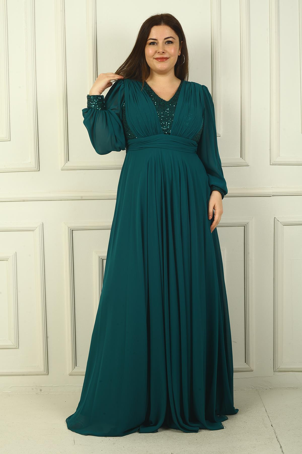 S-24Y1650024Kadın Ön Arka V Yaka Üstü Pulpayet Astarlı Büyük Beden Uzun Şifon Abiye Elbise