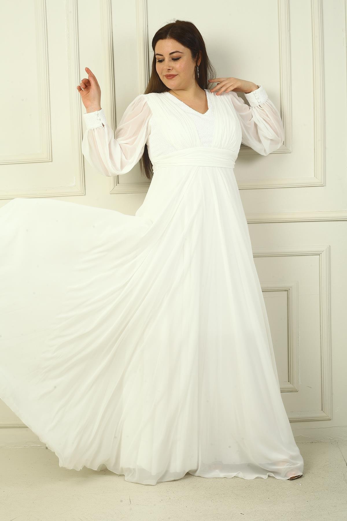 S-24Y1650024Kadın Ön Arka V Yaka Üstü Pulpayet Astarlı Büyük Beden Uzun Şifon Abiye Elbise