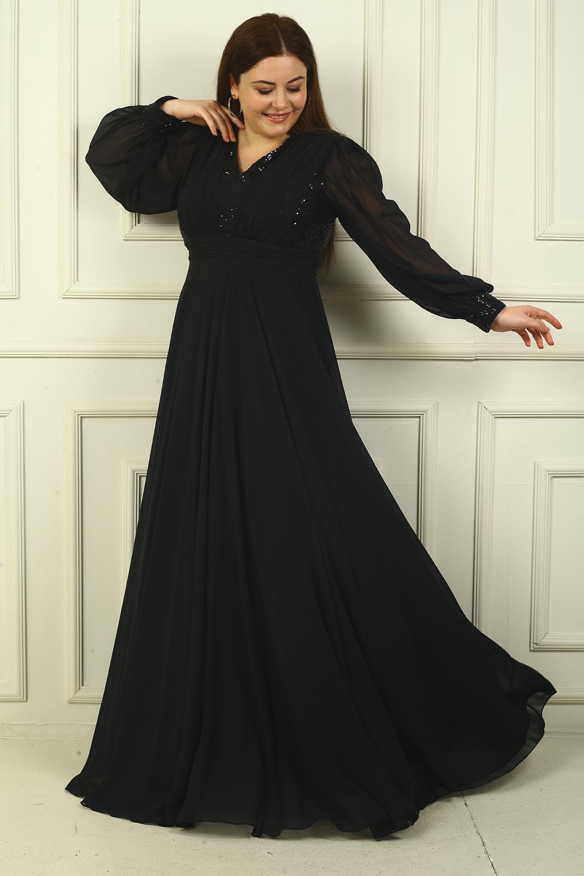 S-24Y1650024Kadın Ön Arka V Yaka Üstü Pulpayet Astarlı Büyük Beden Uzun Şifon Abiye Elbise