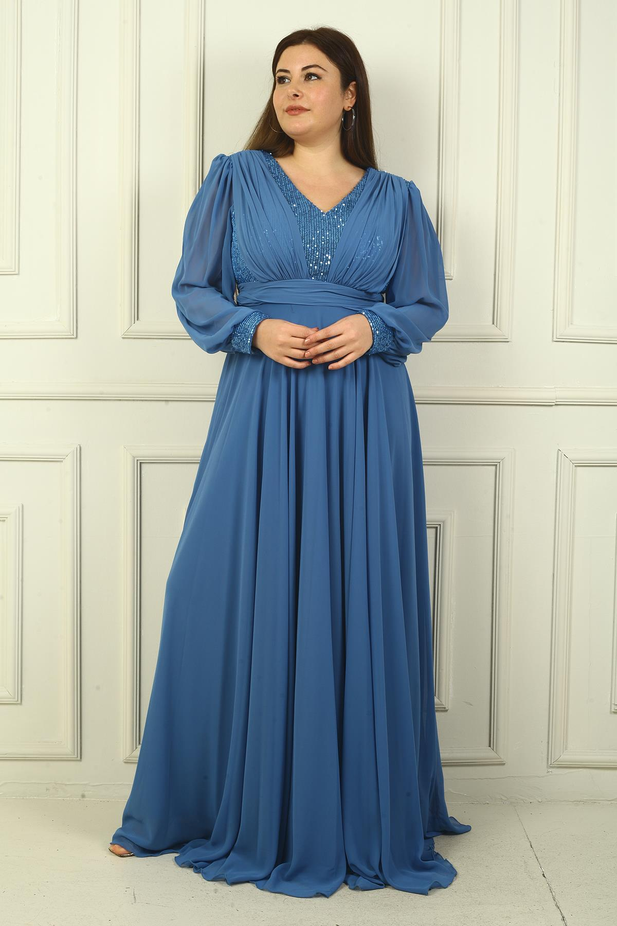 S-24Y1650024Kadın Ön Arka V Yaka Üstü Pulpayet Astarlı Büyük Beden Uzun Şifon Abiye Elbise