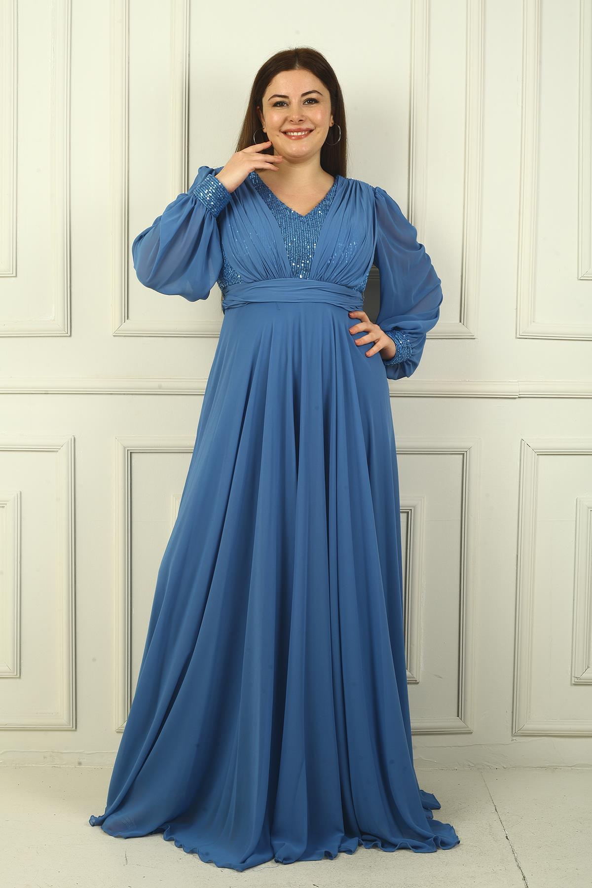 S-24Y1650024Kadın Ön Arka V Yaka Üstü Pulpayet Astarlı Büyük Beden Uzun Şifon Abiye Elbise