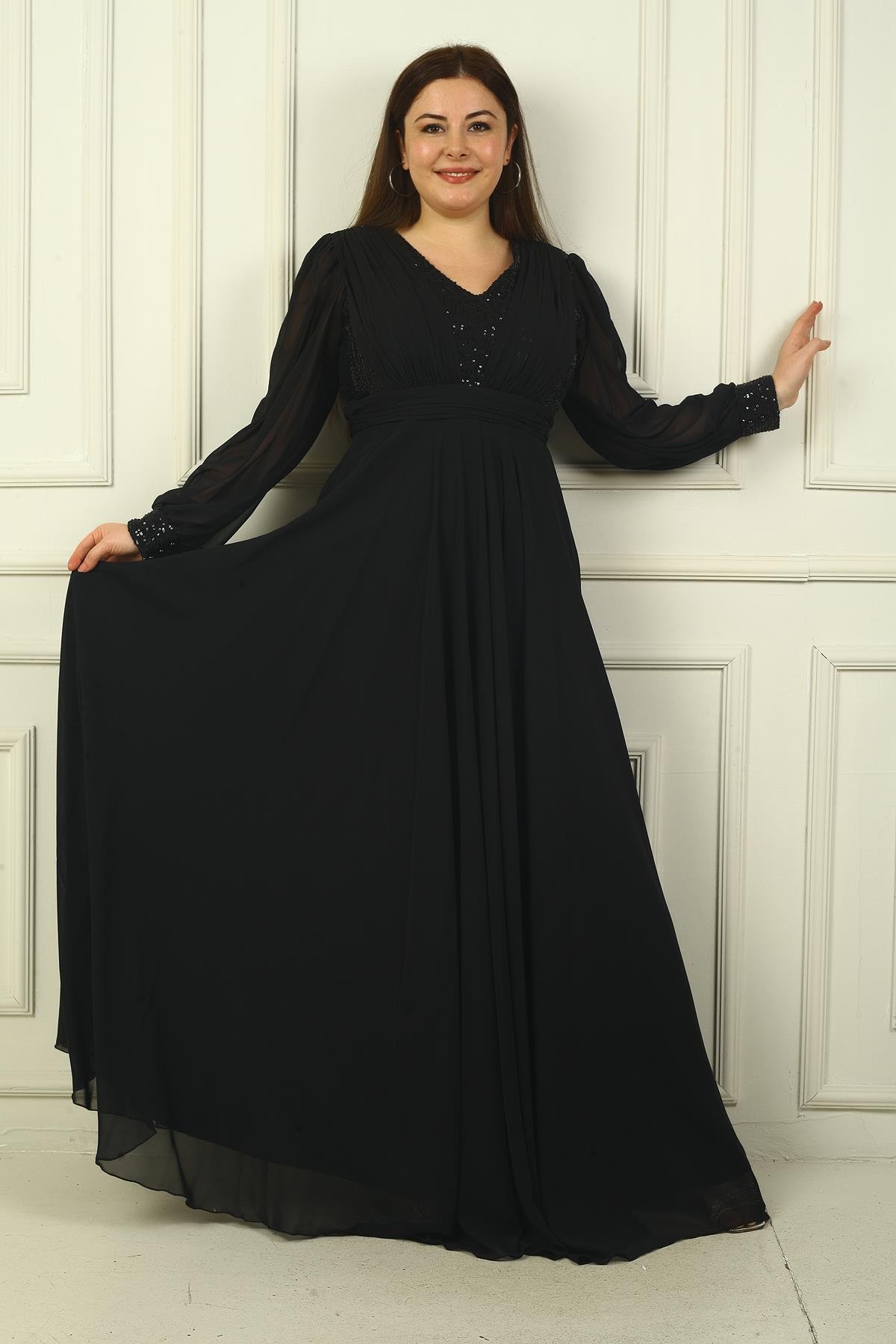 S-24Y1650024Kadın Ön Arka V Yaka Üstü Pulpayet Astarlı Büyük Beden Uzun Şifon Abiye Elbise