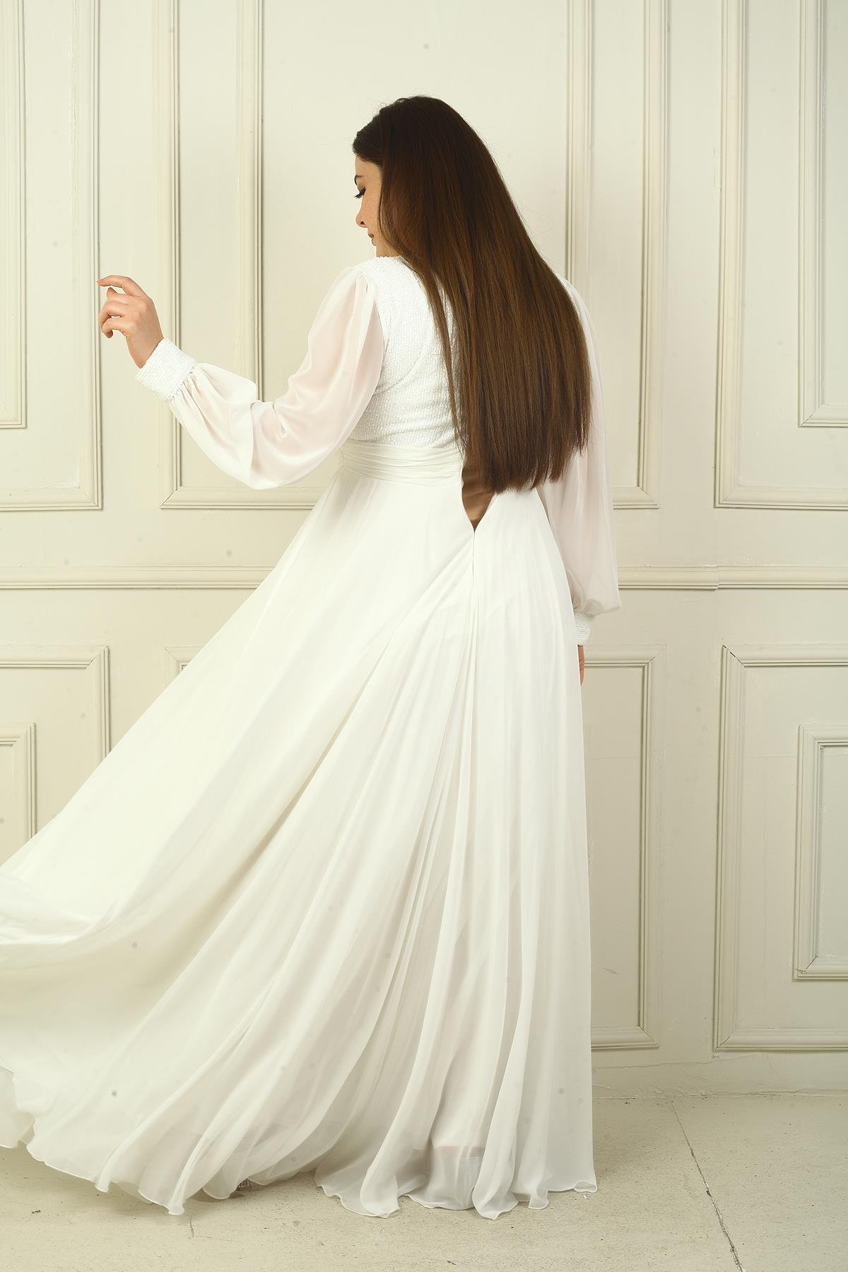 S-24Y1650024Kadın Ön Arka V Yaka Üstü Pulpayet Astarlı Büyük Beden Uzun Şifon Abiye Elbise