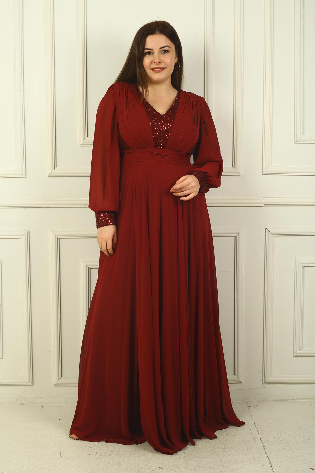 S-24Y1650024Kadın Ön Arka V Yaka Üstü Pulpayet Astarlı Büyük Beden Uzun Şifon Abiye Elbise