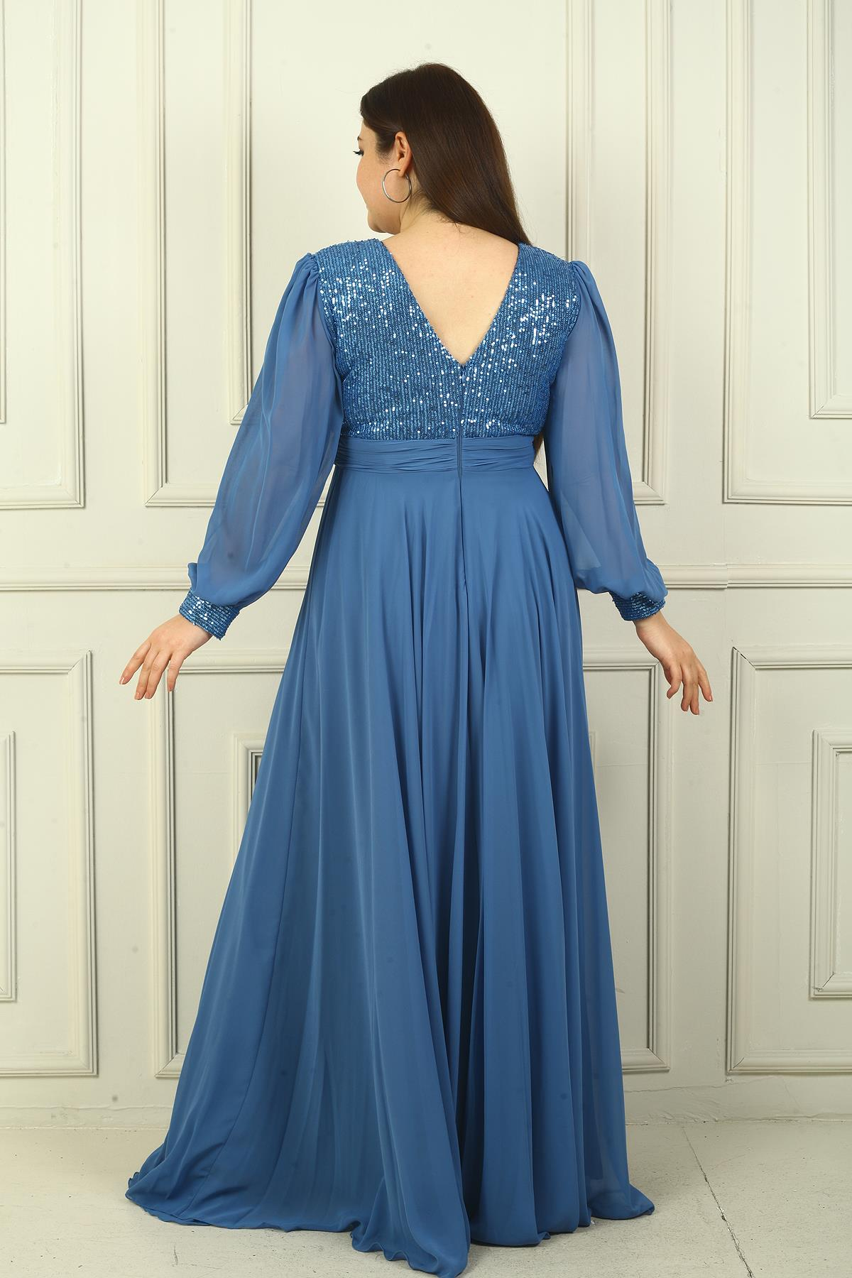 S-24Y1650024Kadın Ön Arka V Yaka Üstü Pulpayet Astarlı Büyük Beden Uzun Şifon Abiye Elbise