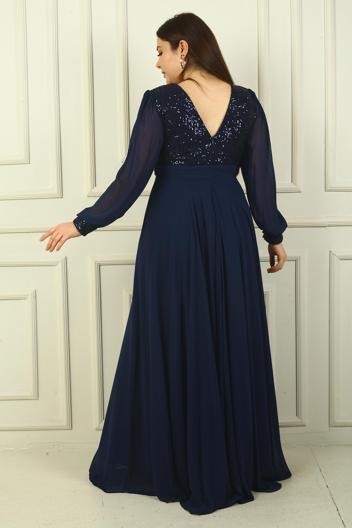 S-24Y1650024Kadın Ön Arka V Yaka Üstü Pulpayet Astarlı Büyük Beden Uzun Şifon Abiye Elbise