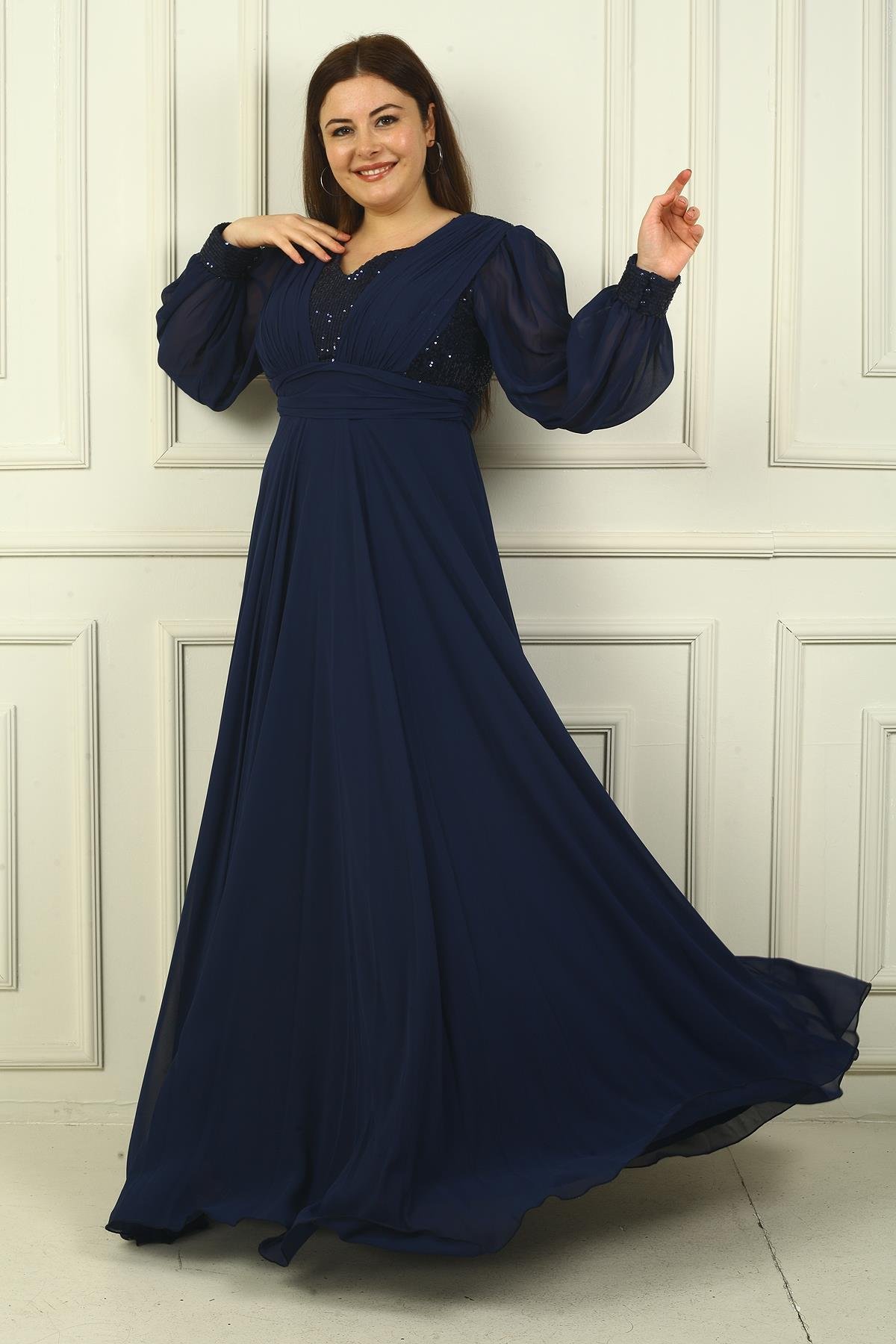 S-24Y1650024Kadın Ön Arka V Yaka Üstü Pulpayet Astarlı Büyük Beden Uzun Şifon Abiye Elbise