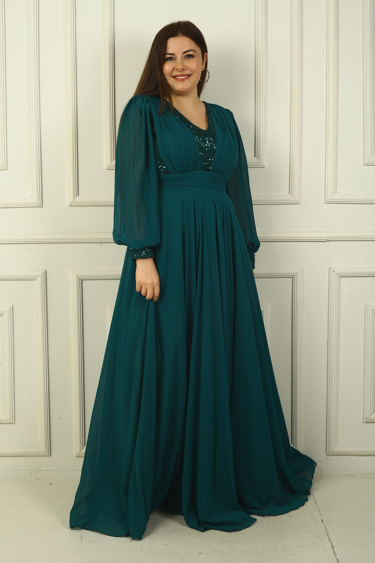 S-24Y1650024Kadın Ön Arka V Yaka Üstü Pulpayet Astarlı Büyük Beden Uzun Şifon Abiye Elbise