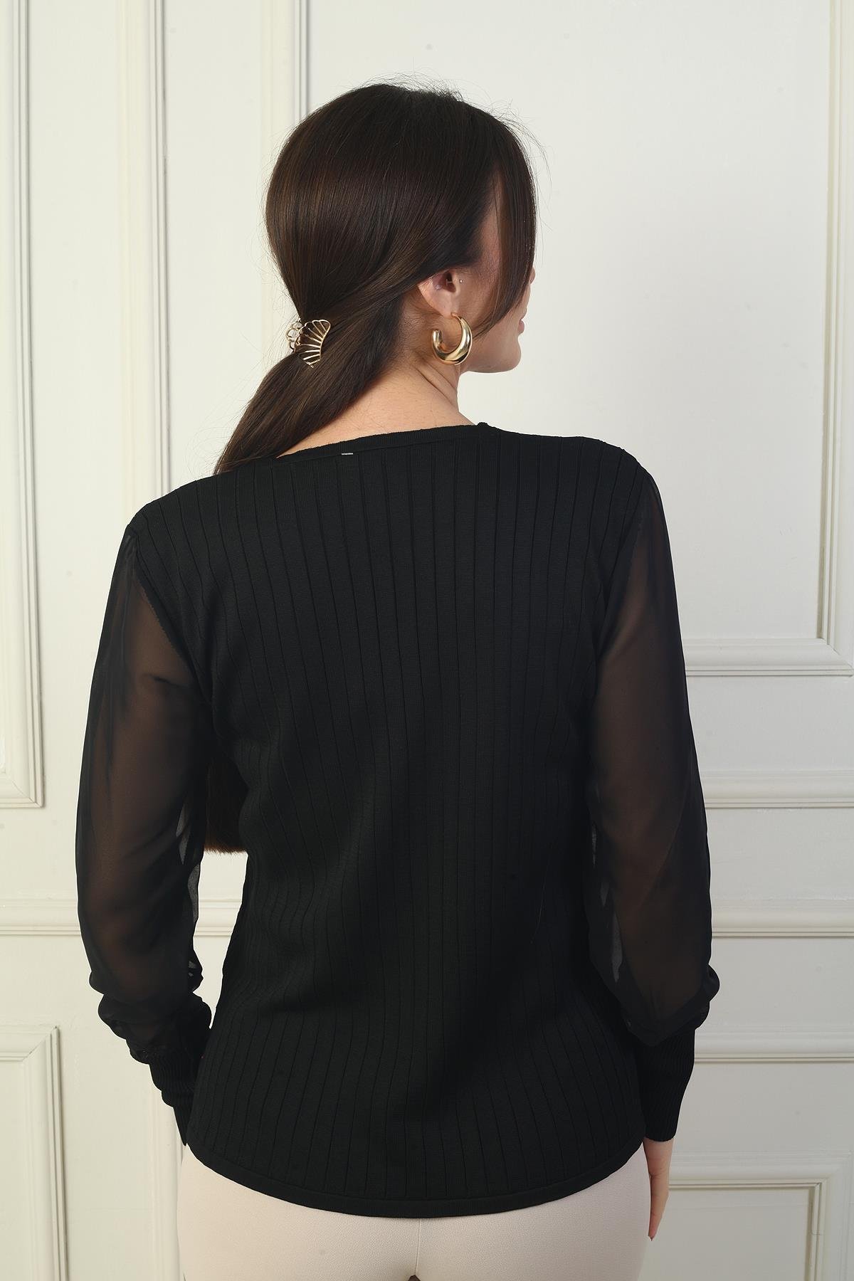 S-24Y1800009Kadın Kolları Şifon V Yaka Kazak