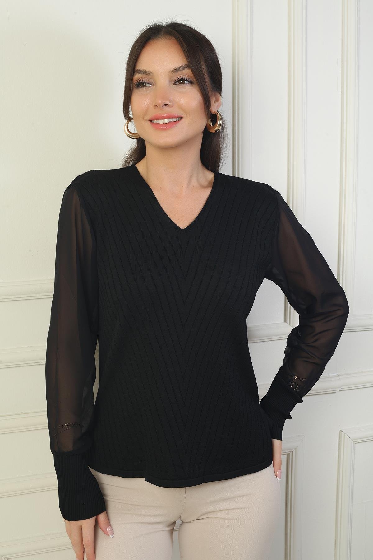 S-24Y1800009Kadın Kolları Şifon V Yaka Kazak