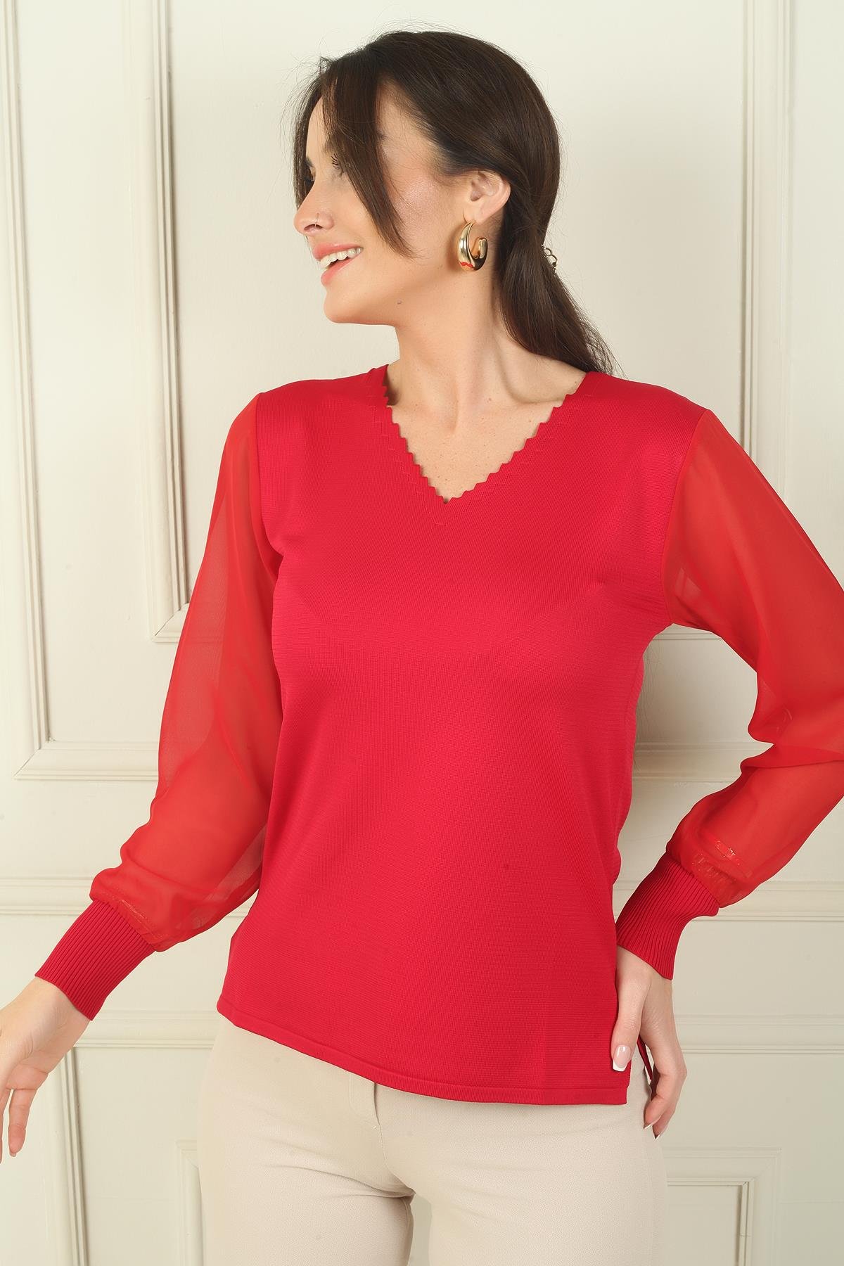 S-24Y1800010Kadın Merdiven V Yaka Kolları Şifon Kazak