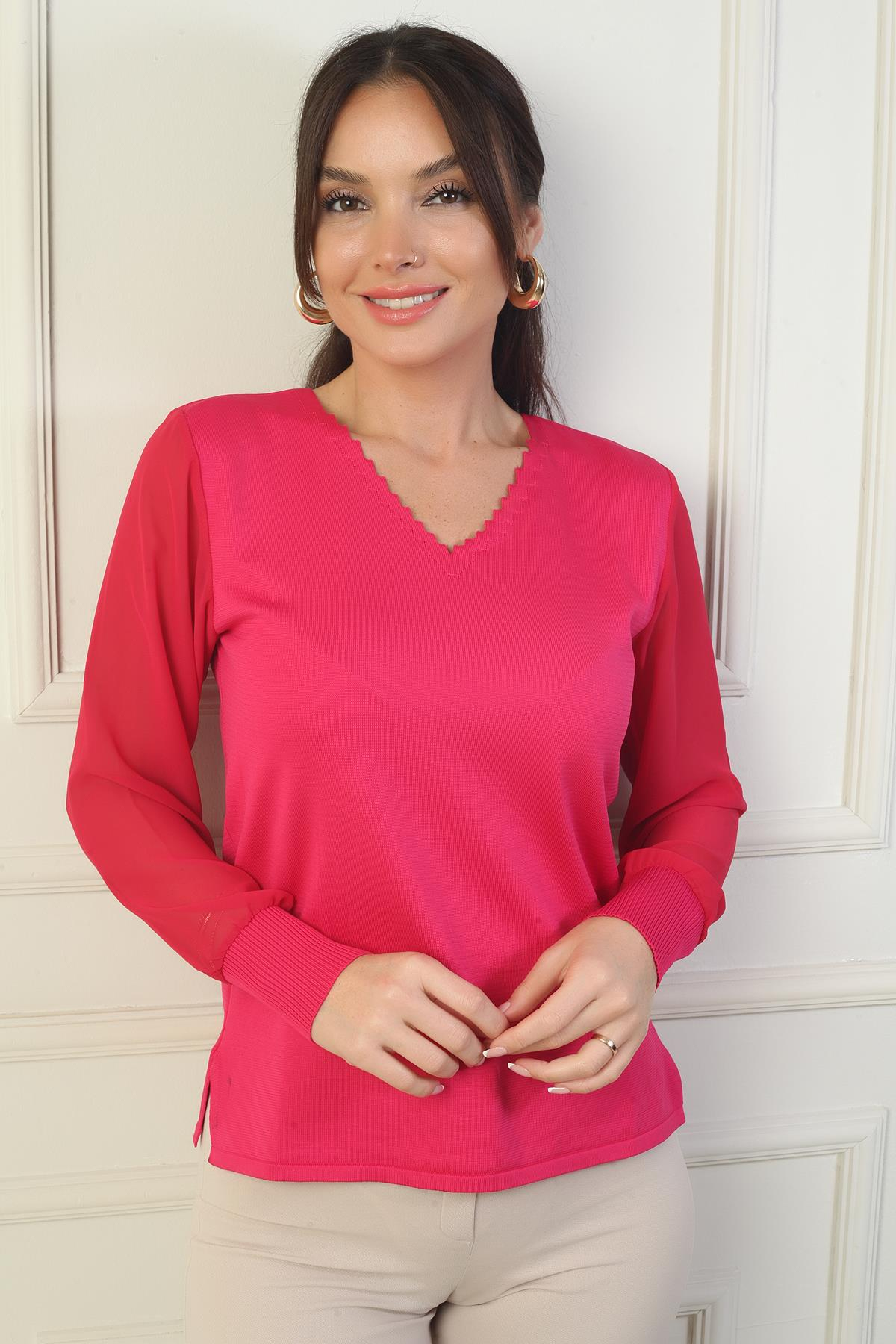 S-24Y1800010Kadın Merdiven V Yaka Kolları Şifon Kazak