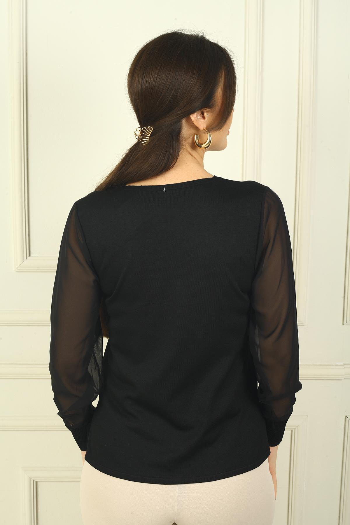 S-24Y1800010Kadın Merdiven V Yaka Kolları Şifon Kazak