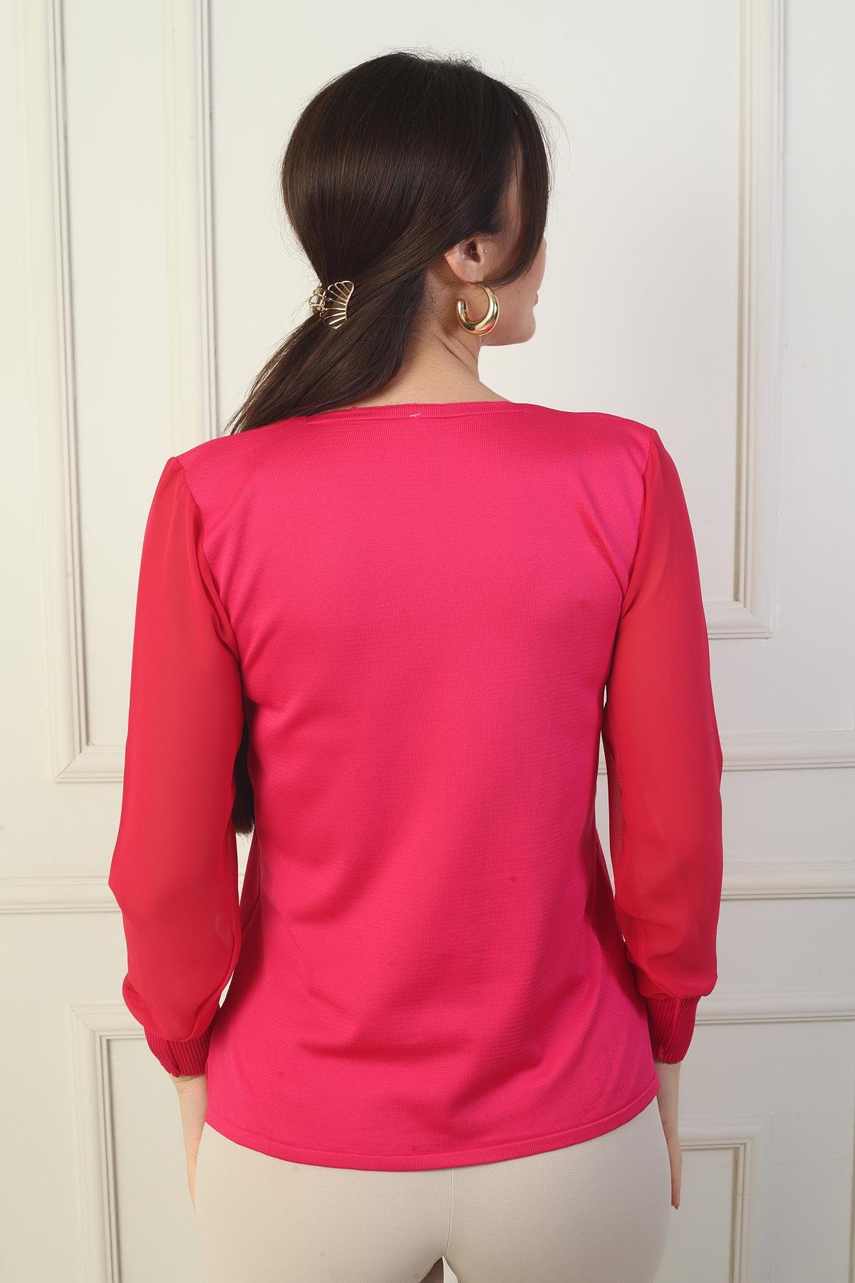 S-24Y1800010Kadın Merdiven V Yaka Kolları Şifon Kazak