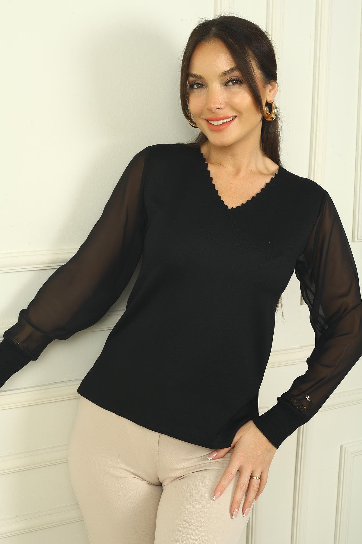 S-24Y1800010Kadın Merdiven V Yaka Kolları Şifon Kazak