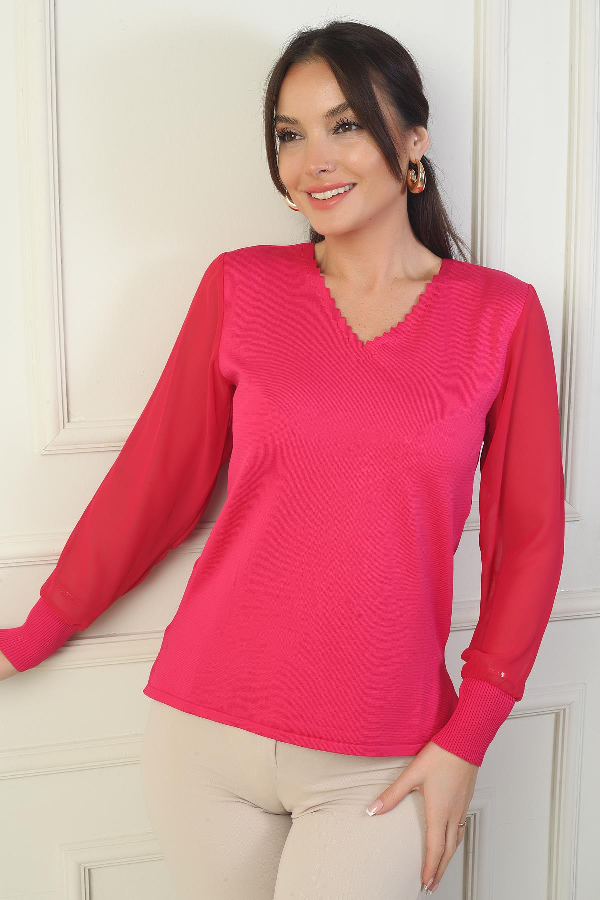 S-24Y1800010Kadın Merdiven V Yaka Kolları Şifon Kazak