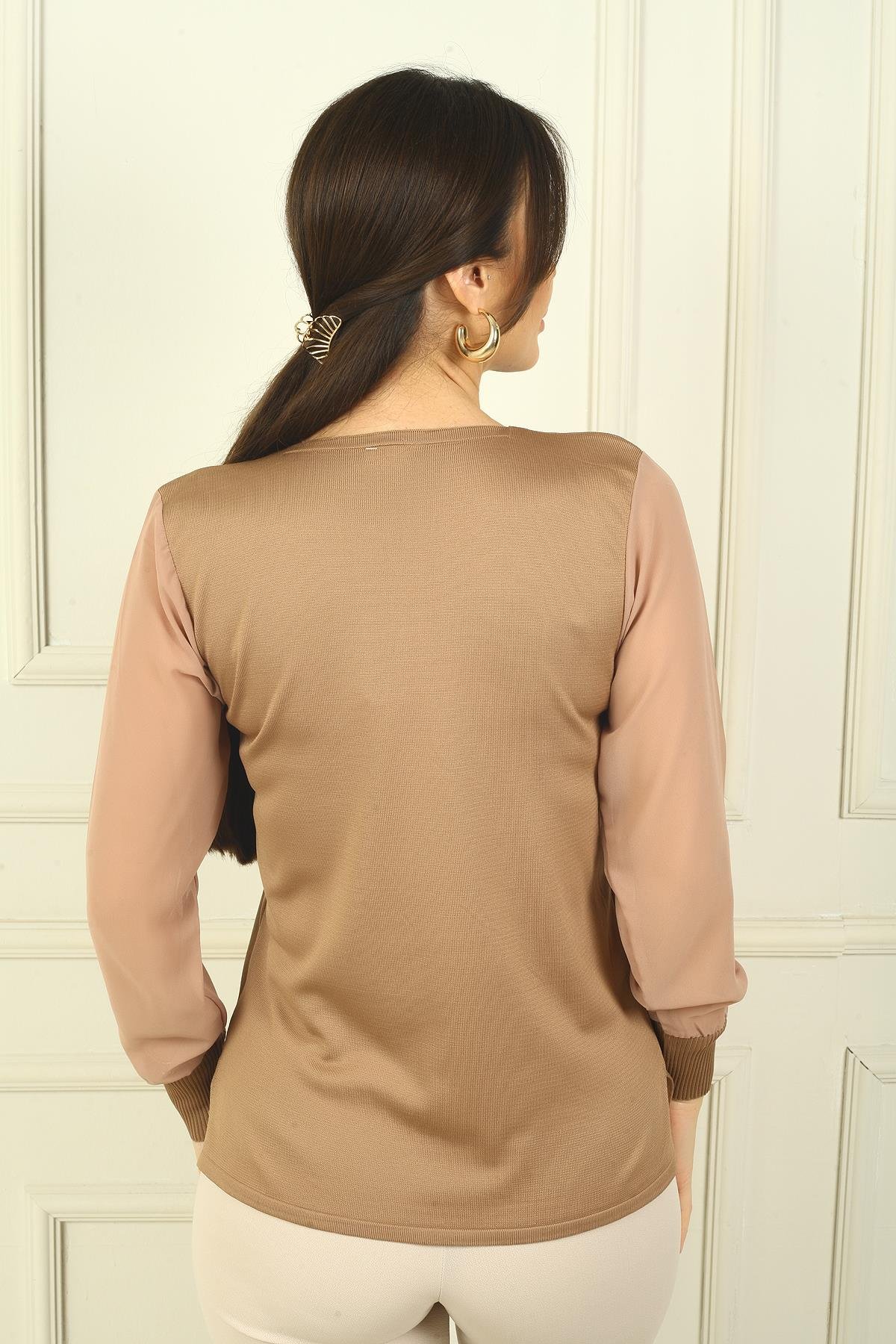 S-24Y1800010Kadın Merdiven V Yaka Kolları Şifon Kazak