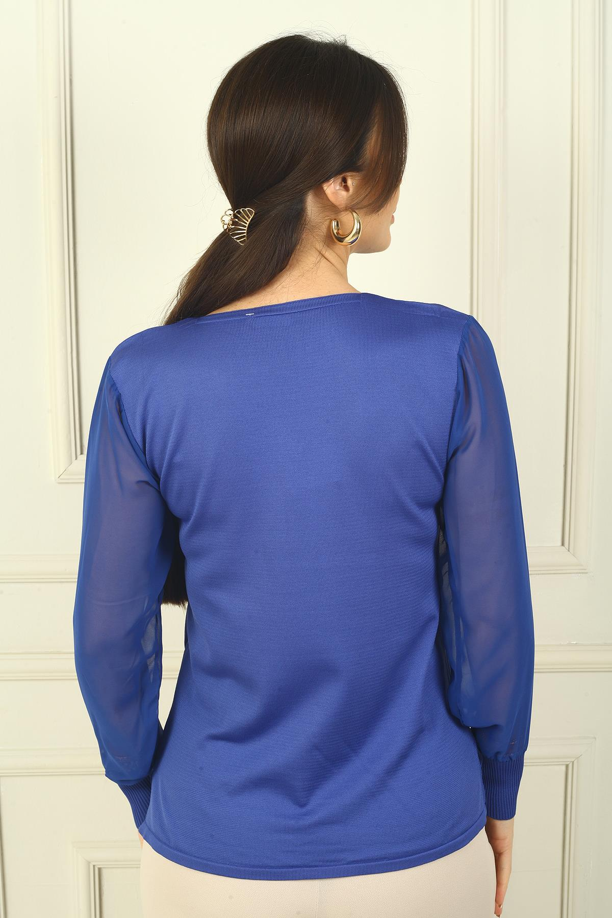 S-24Y1800010Kadın Merdiven V Yaka Kolları Şifon Kazak