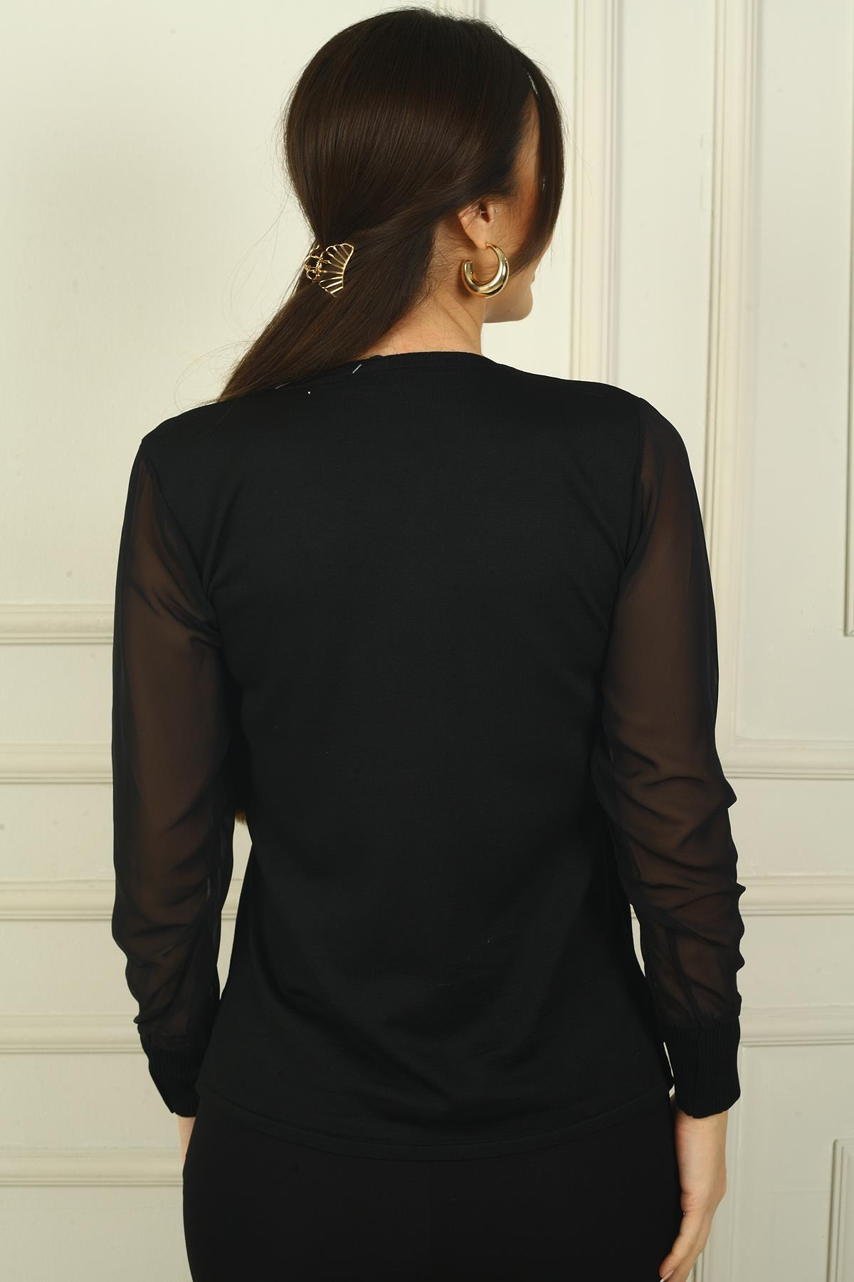 S-24Y1800011Kadın V Yaka Yarısı Şeritli Kolları Şifon Kazak