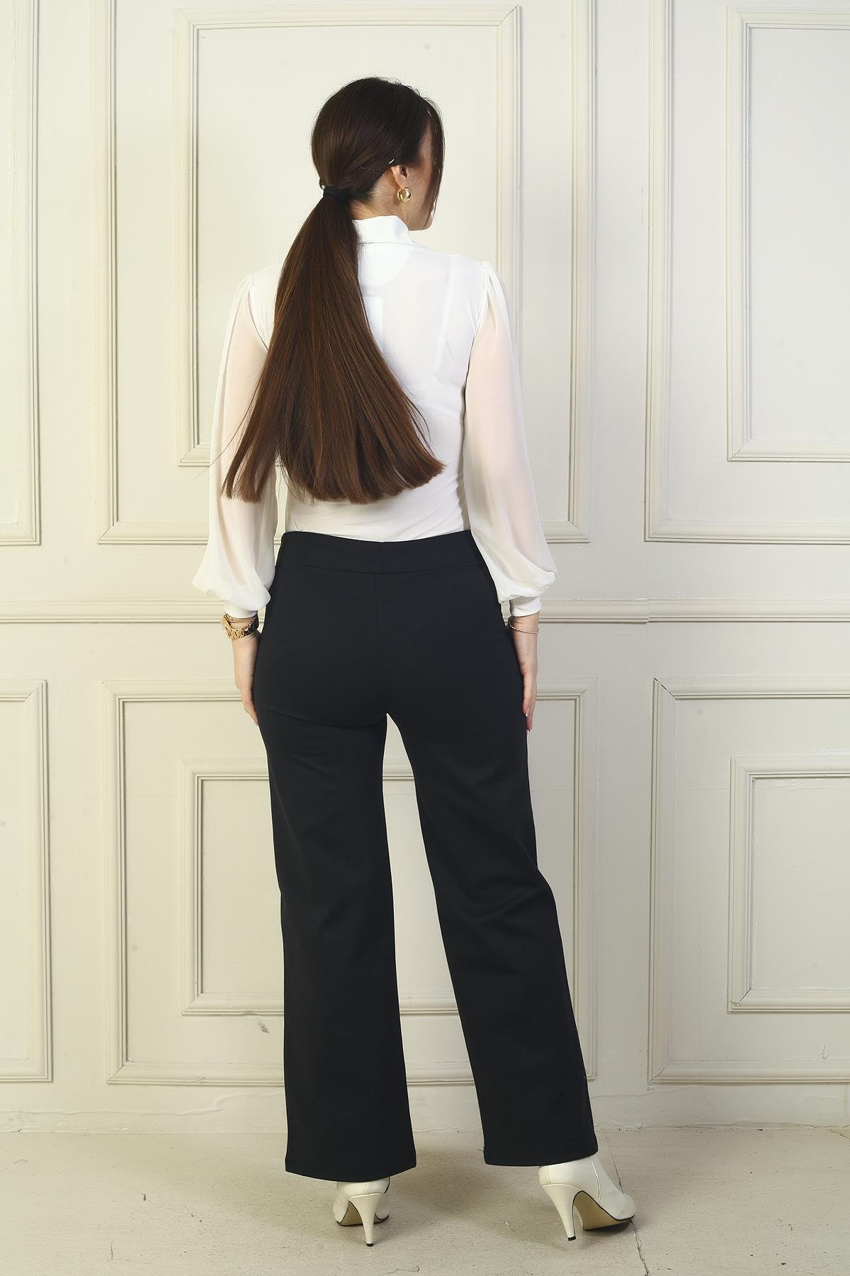 S-24Y1830005Kadın Beli Lastikli Yandan Cepli Çımalı Bol Paça Çelik Pantolon