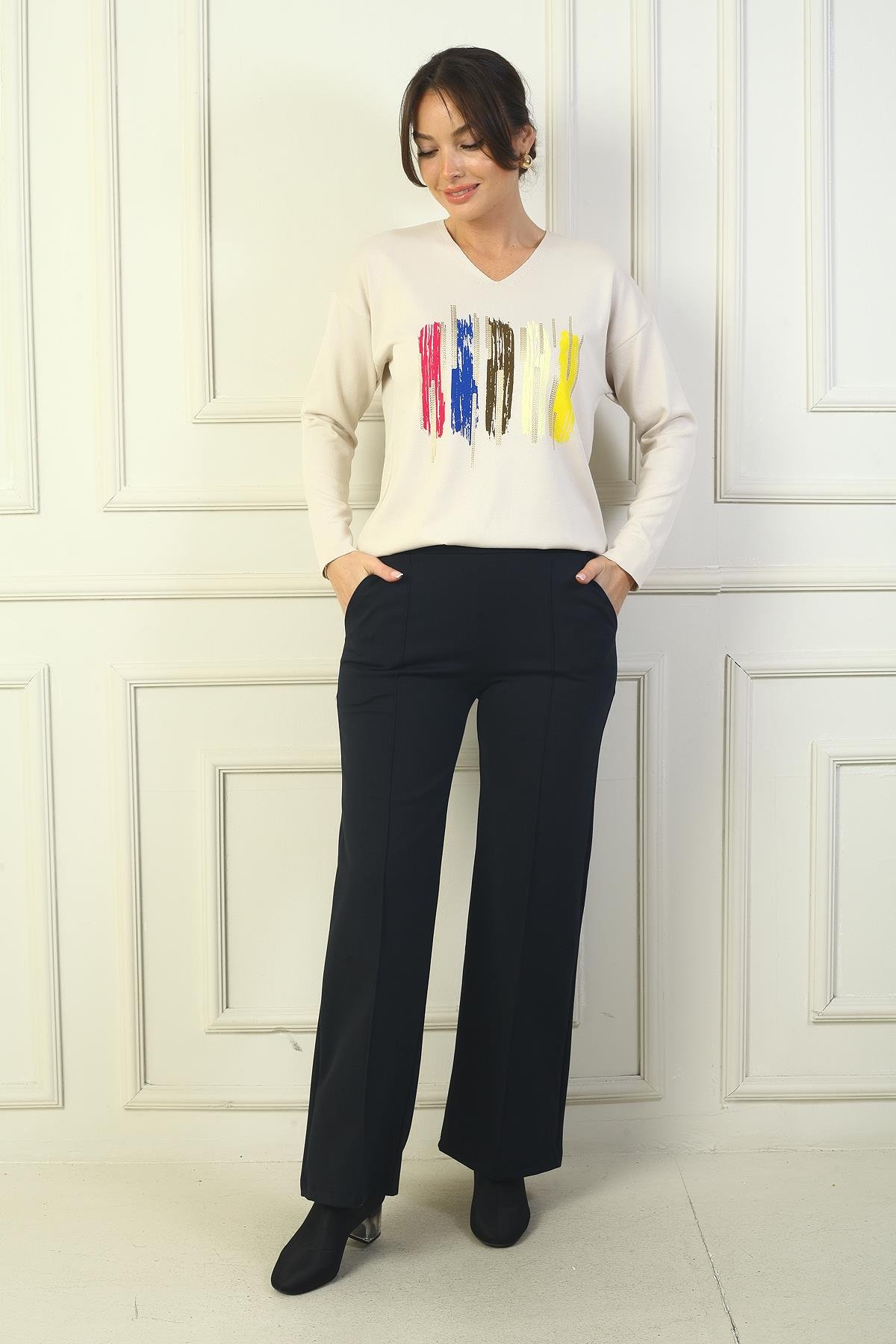 S-24Y1830005Kadın Beli Lastikli Yandan Cepli Çımalı Bol Paça Çelik Pantolon