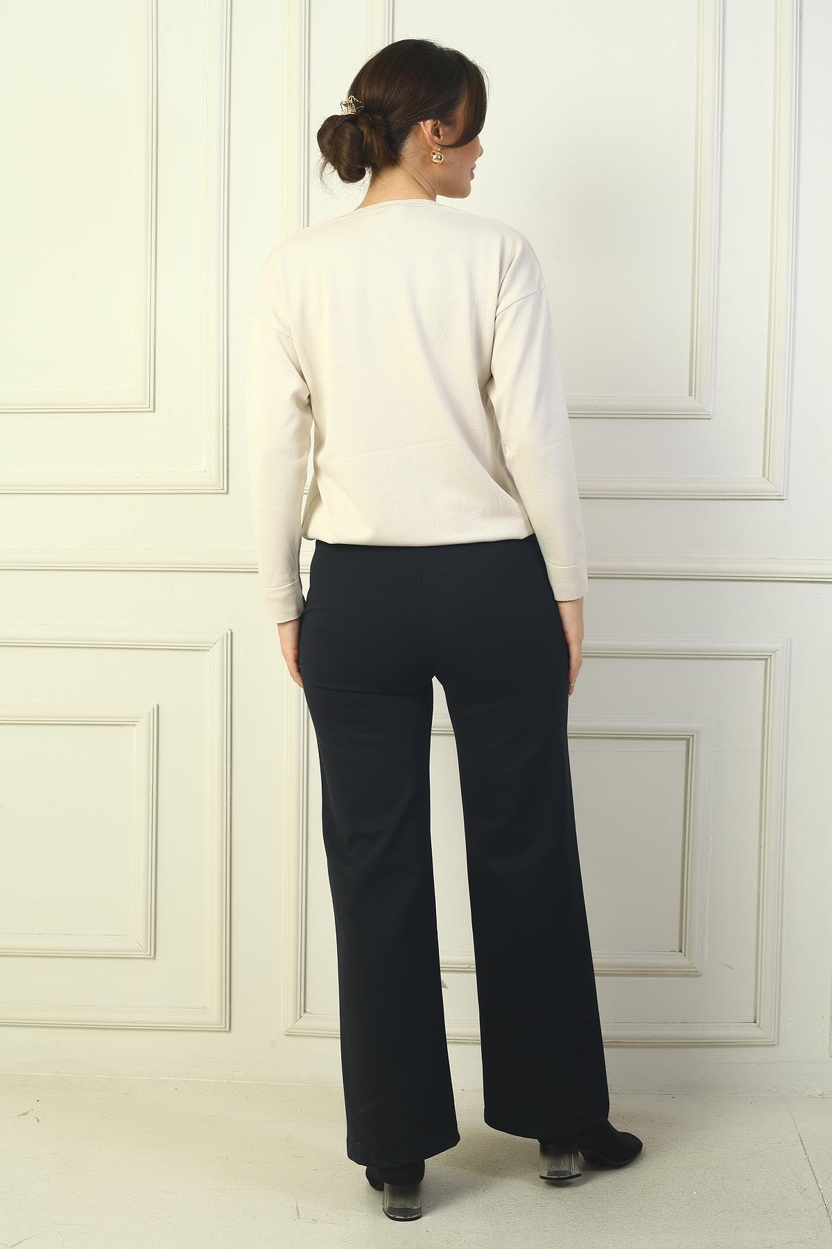 S-24Y1830005Kadın Beli Lastikli Yandan Cepli Çımalı Bol Paça Çelik Pantolon