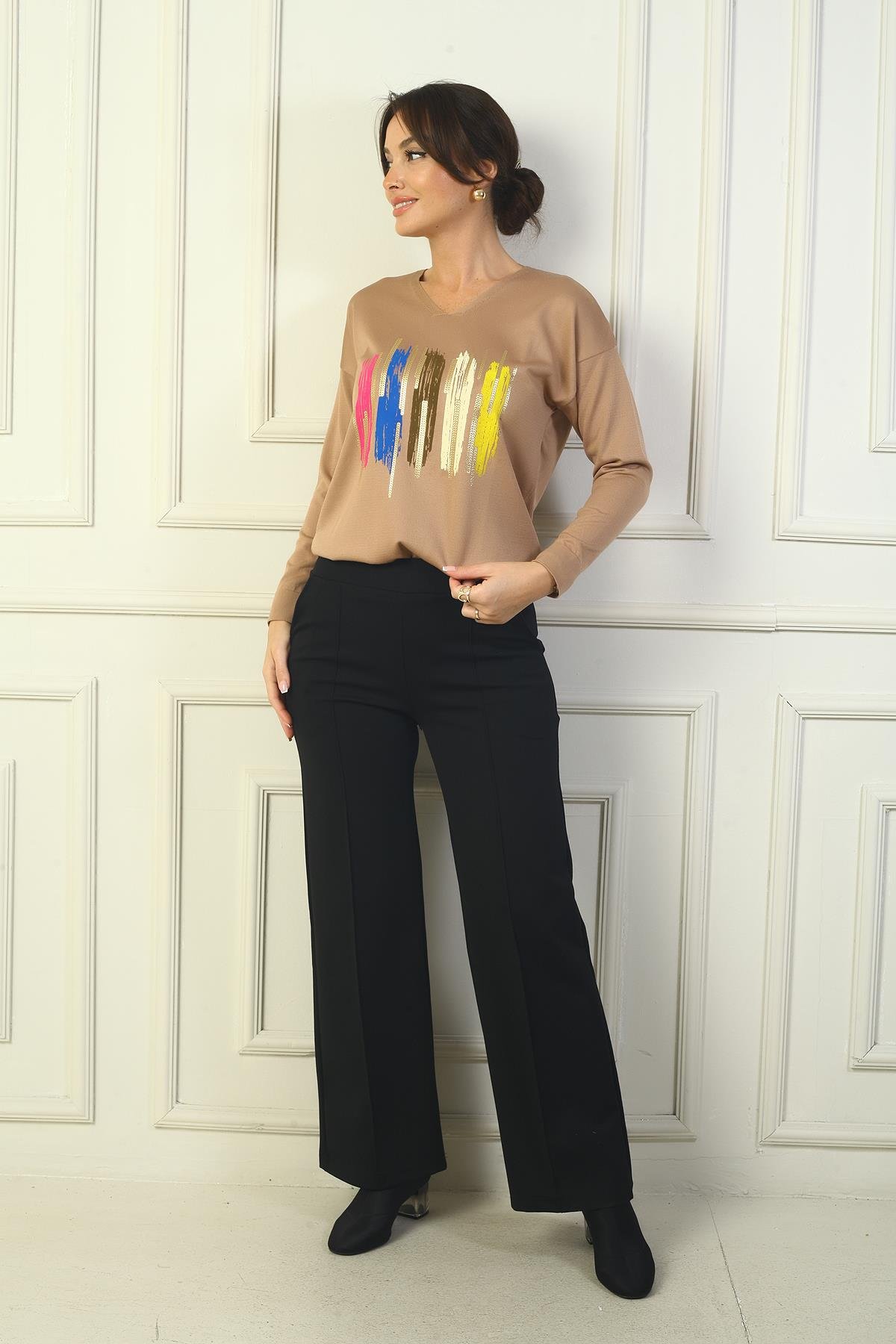 S-24Y1830005Kadın Beli Lastikli Yandan Cepli Çımalı Bol Paça Çelik Pantolon