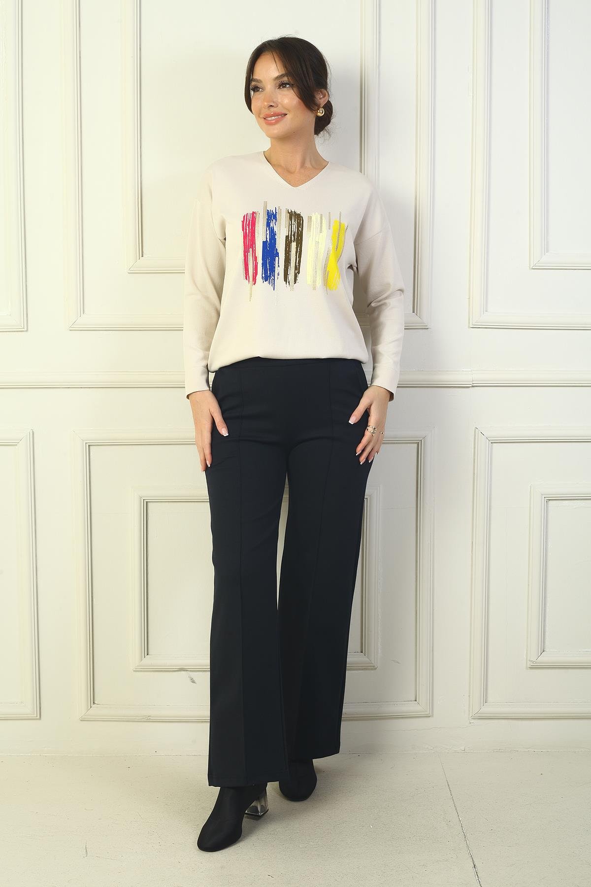 S-24Y1830005Kadın Beli Lastikli Yandan Cepli Çımalı Bol Paça Çelik Pantolon