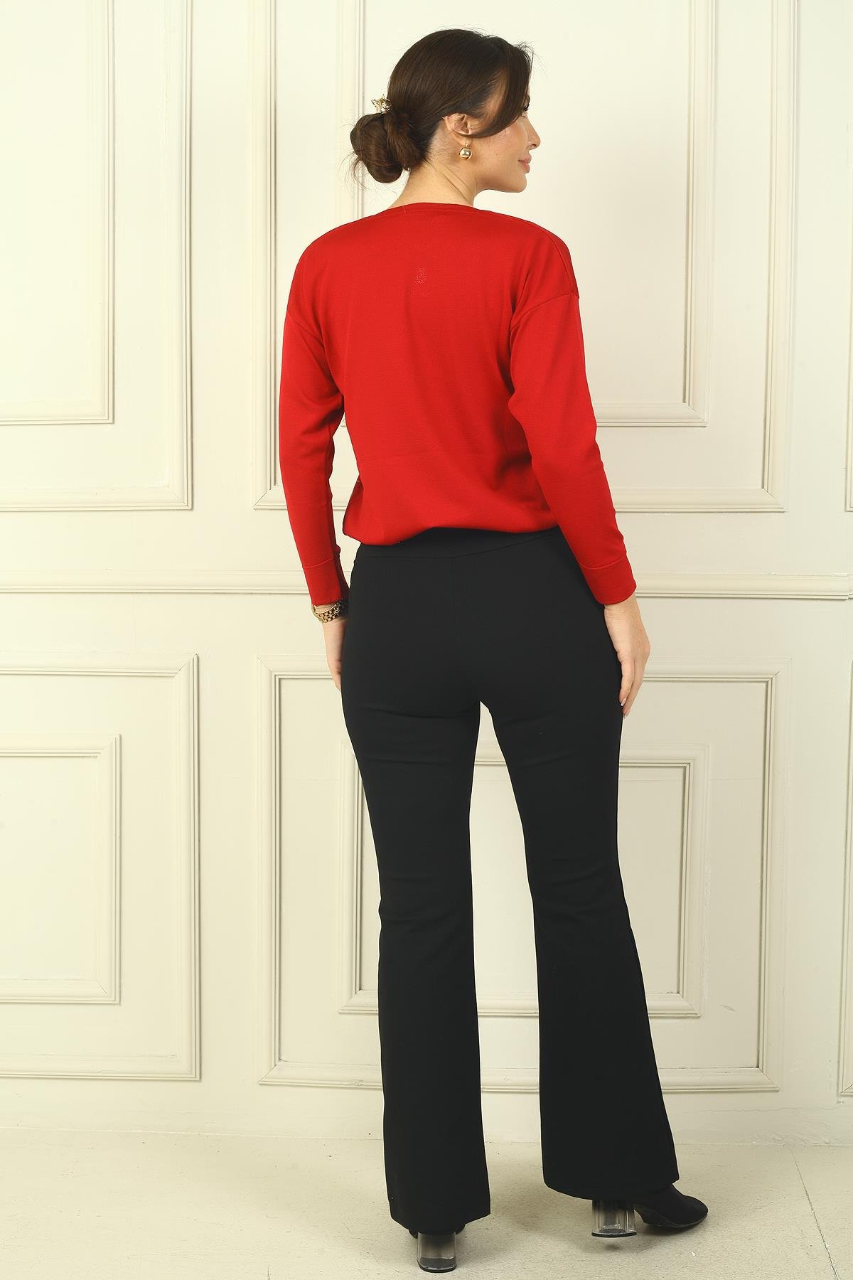 S-24Y1830006Kadın Beli Lastikli Yandan Cepli İspanyol Paça Çımalı Çelik Pantolon