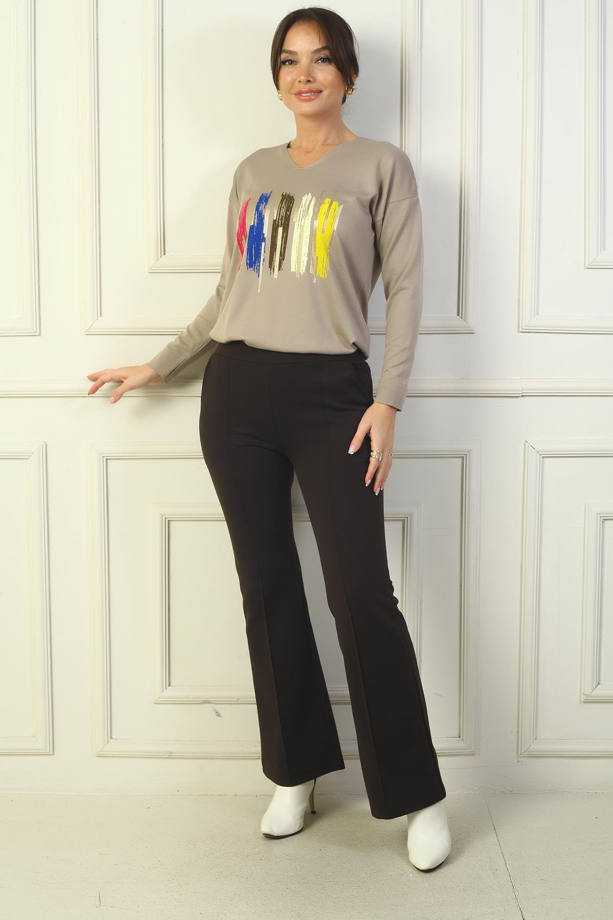 S-24Y1830006Kadın Beli Lastikli Yandan Cepli İspanyol Paça Çımalı Çelik Pantolon