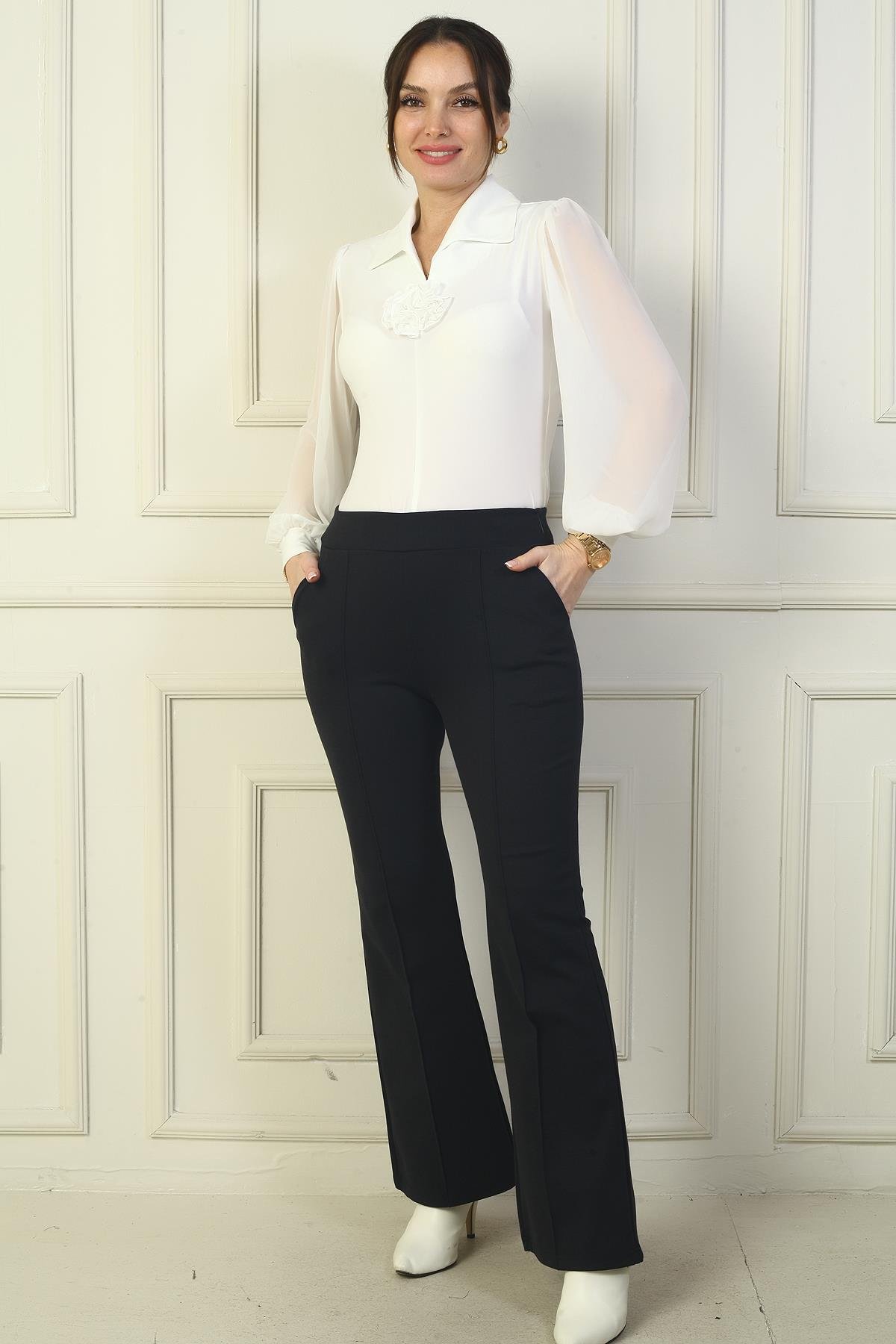 S-24Y1830006Kadın Beli Lastikli Yandan Cepli İspanyol Paça Çımalı Çelik Pantolon