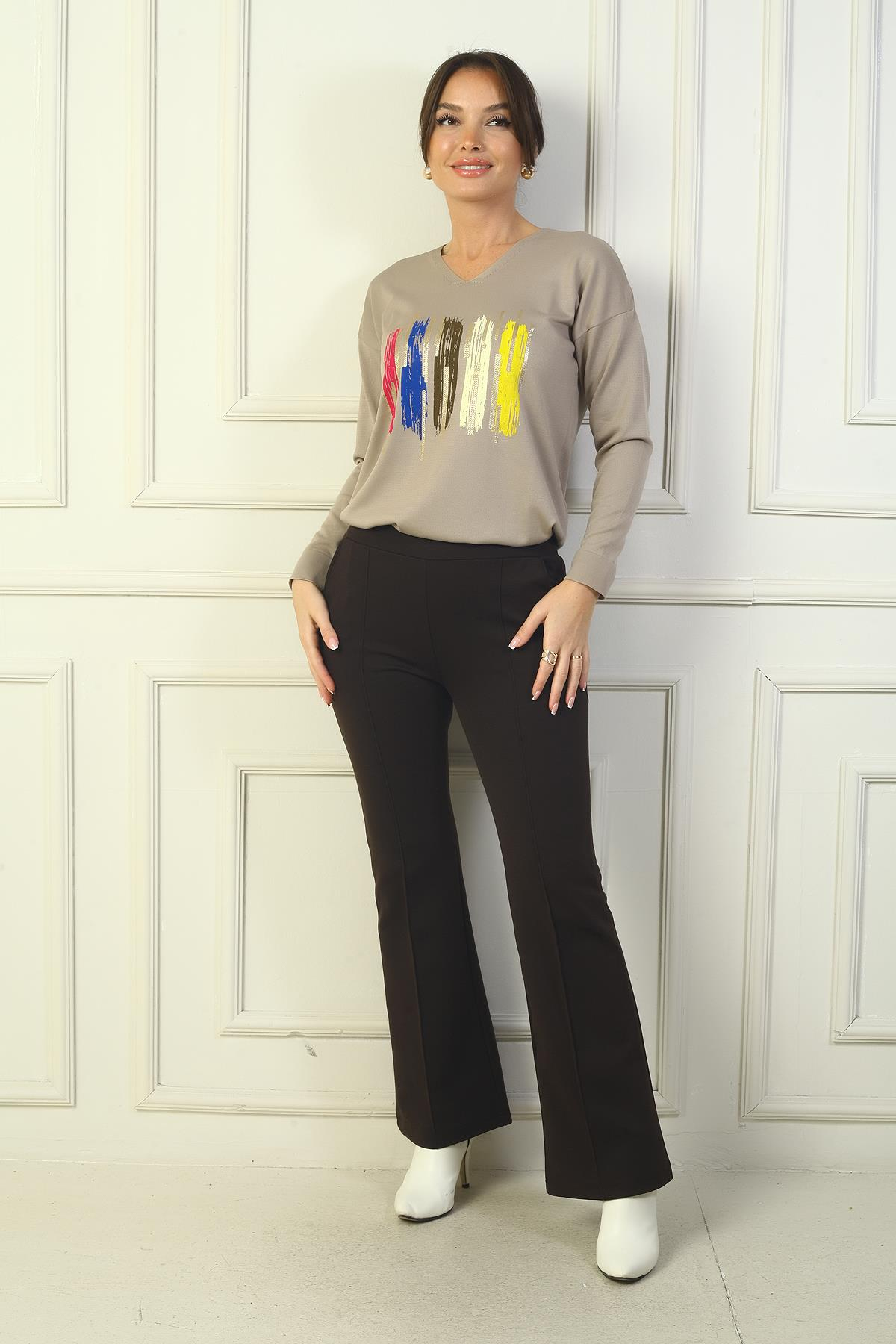 S-24Y1830006Kadın Beli Lastikli Yandan Cepli İspanyol Paça Çımalı Çelik Pantolon