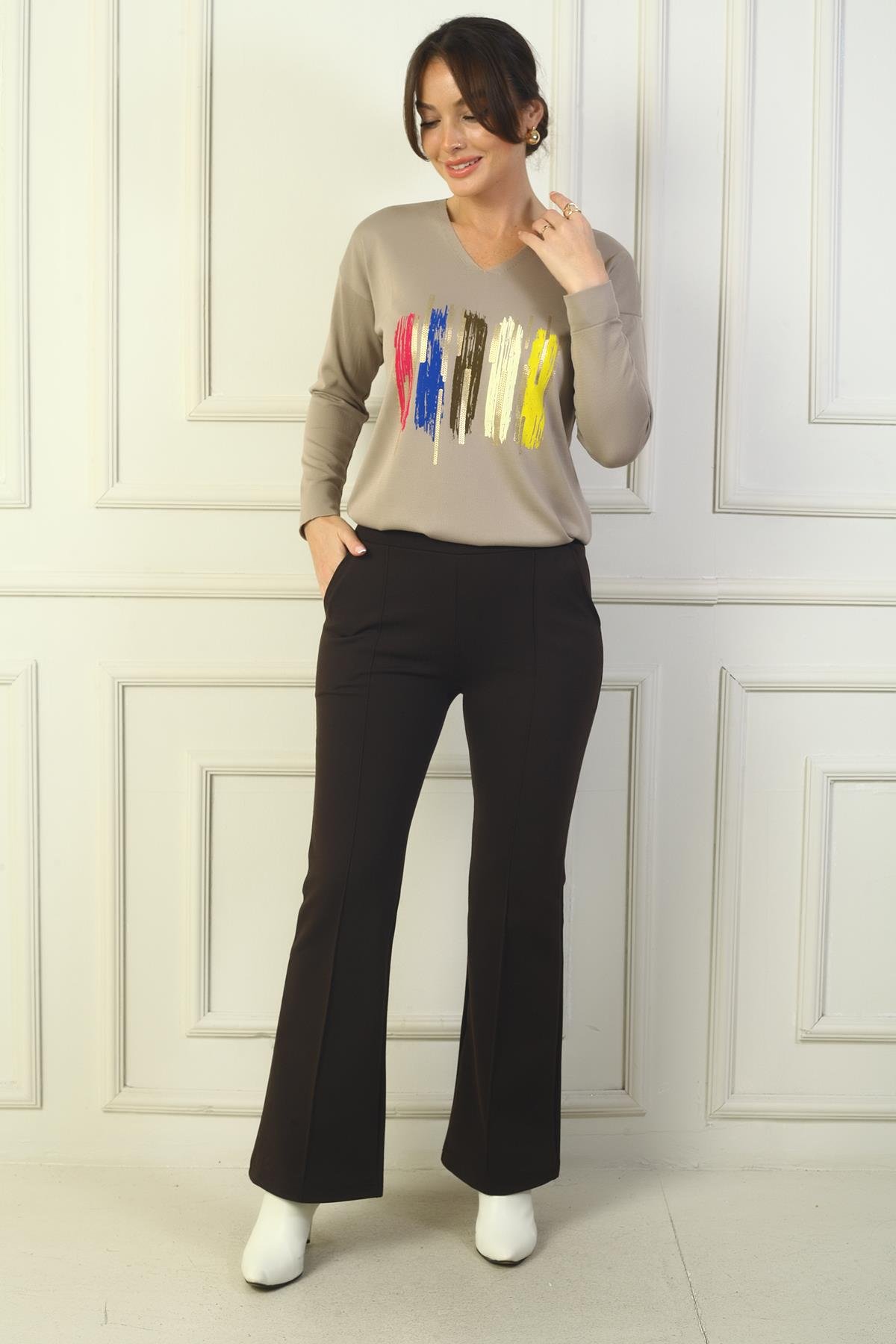 S-24Y1830006Kadın Beli Lastikli Yandan Cepli İspanyol Paça Çımalı Çelik Pantolon